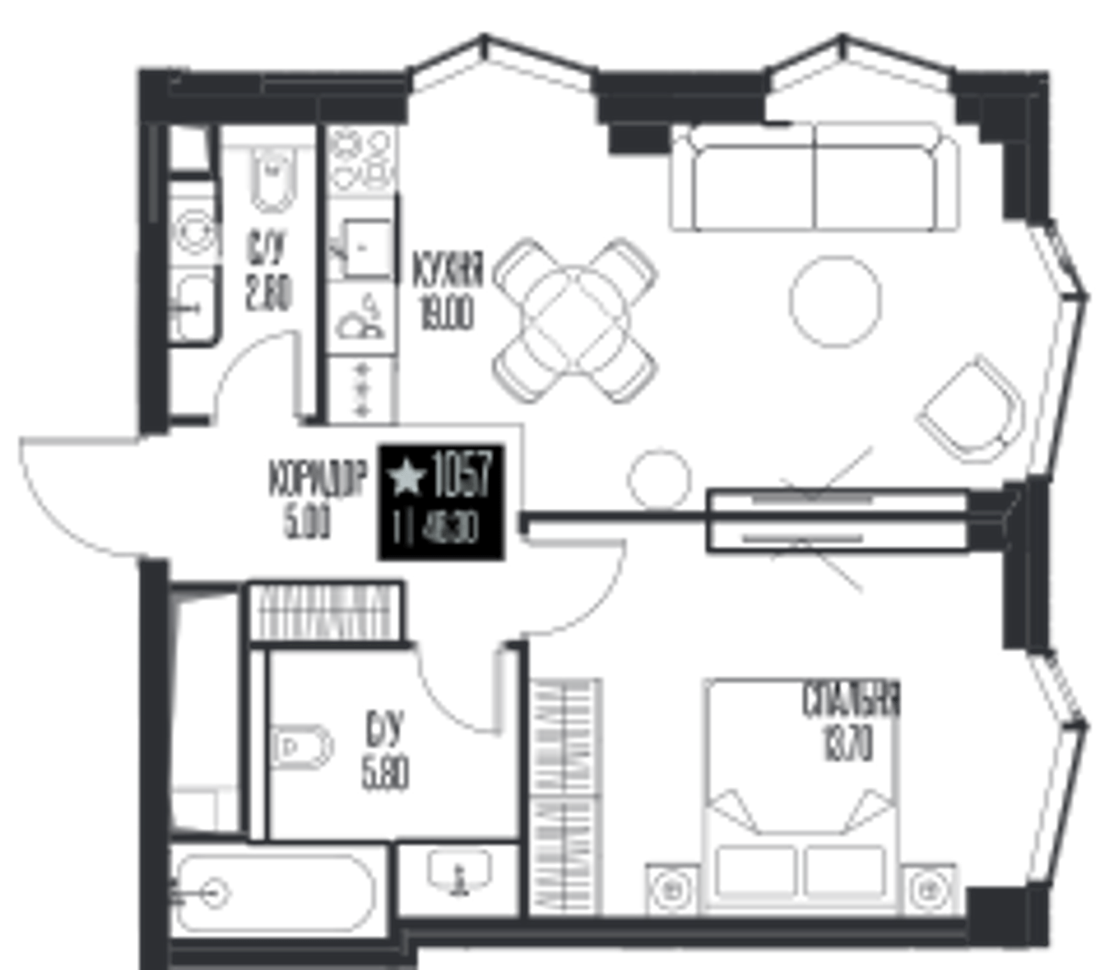 Планировка: 1-комнатная, 46,3 м²