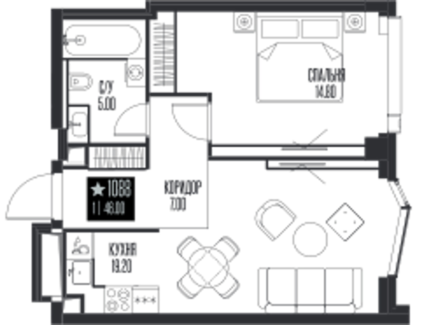 Планировка: 1-комнатная, 46 м²