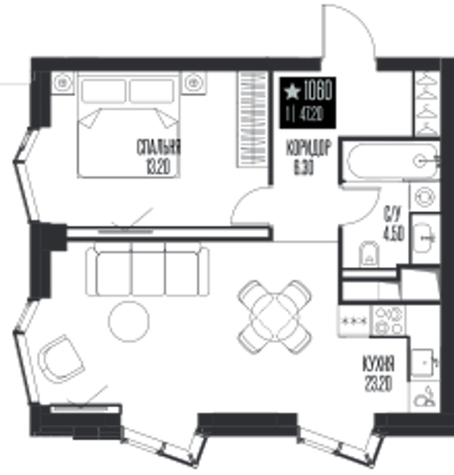 Планировка: 1-комнатная, 47,2 м²