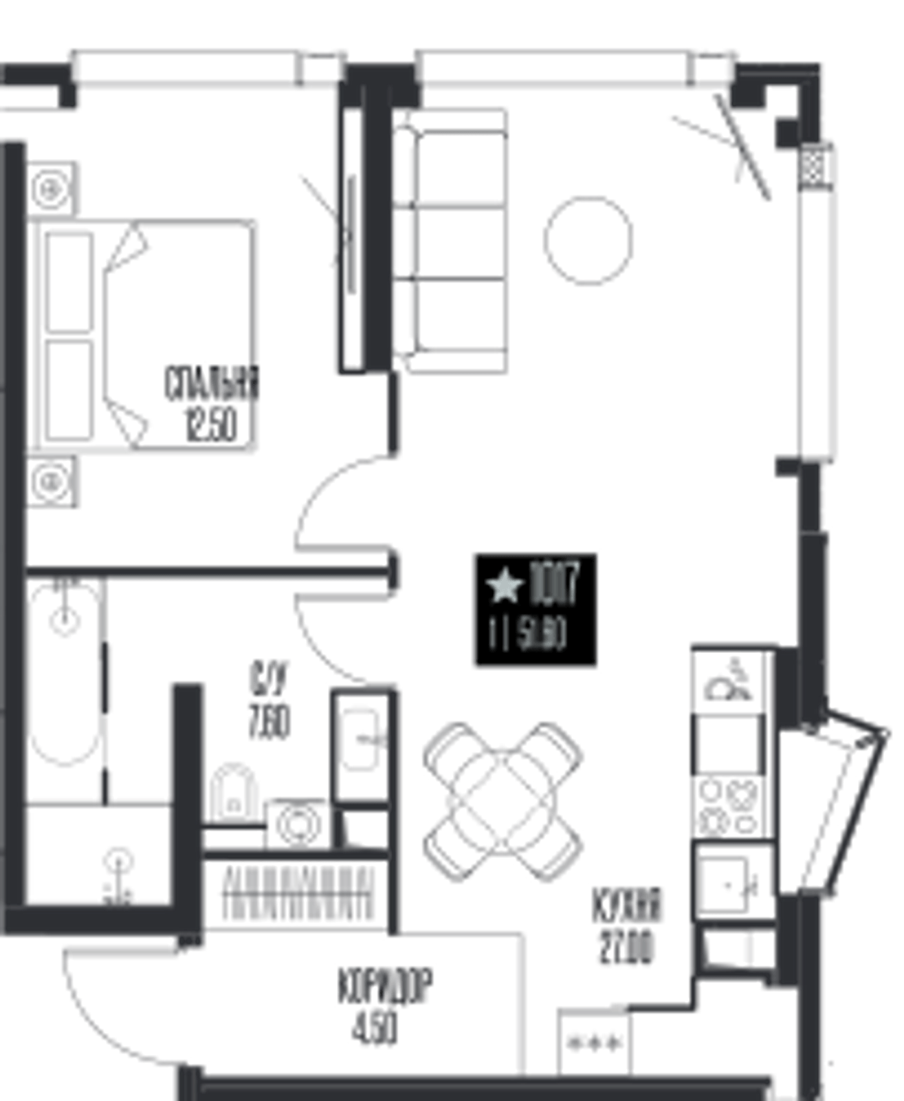Планировка: 1-комнатная, 51,6 м²