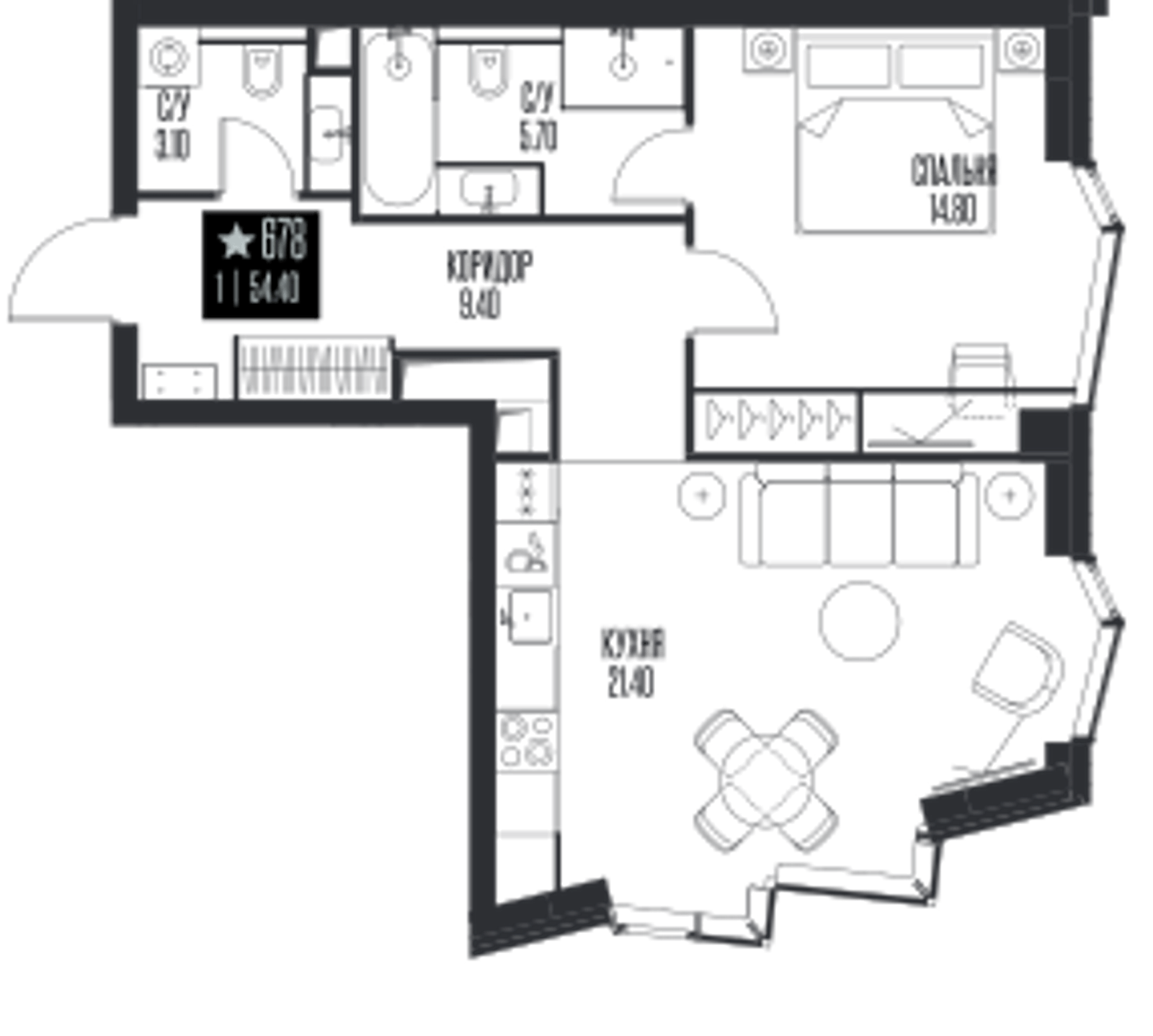 Планировка: 1-комнатная, 54,4 м²