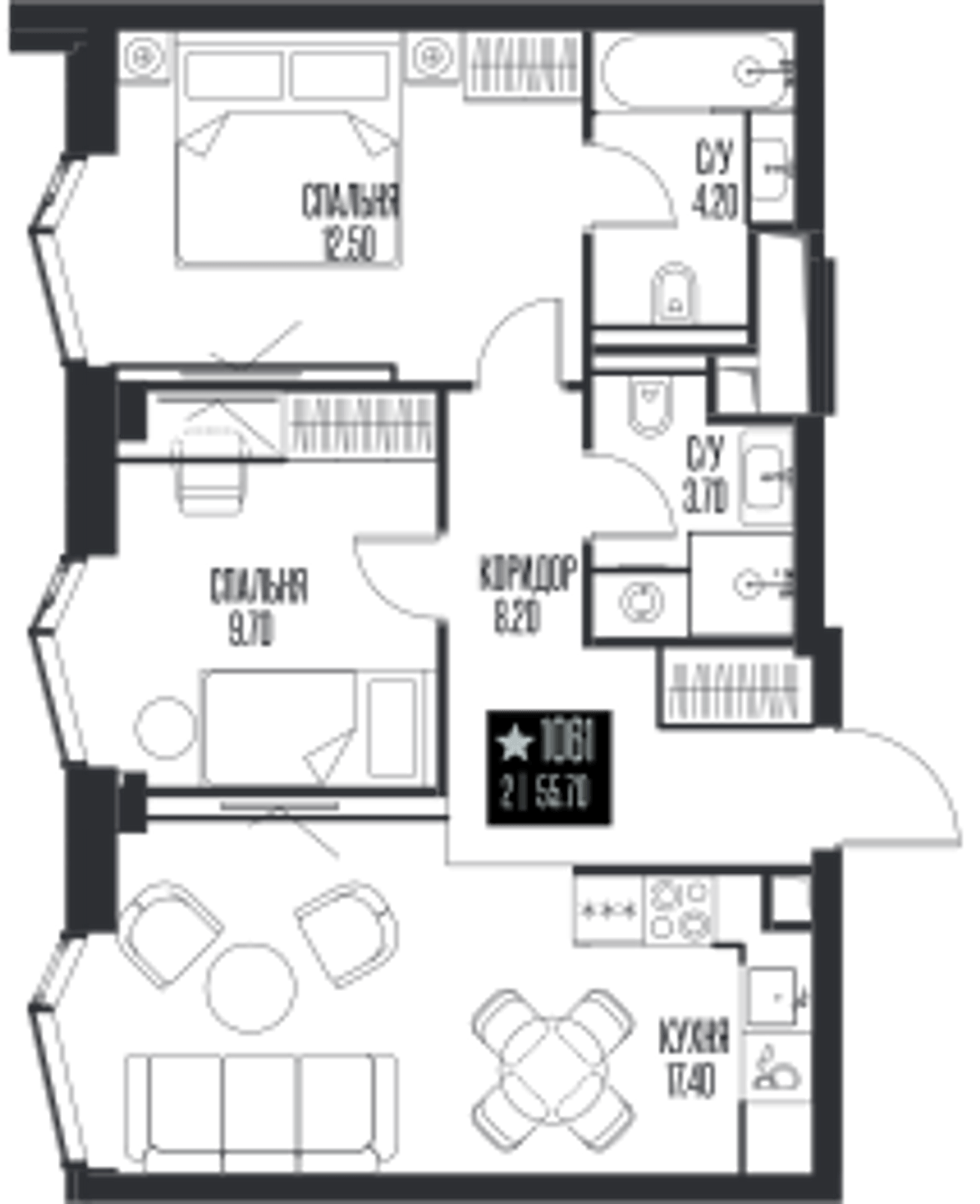 Планировка: 2-комнатная, 55,7 м²