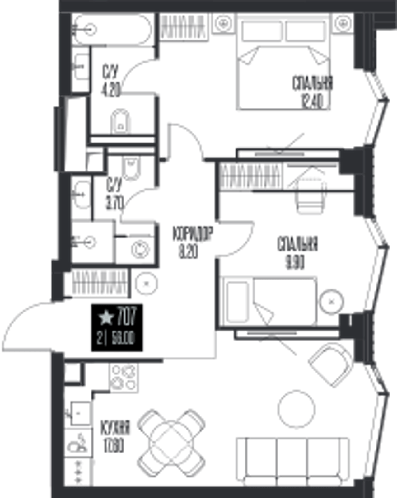 Планировка: 2-комнатная, 56 м²