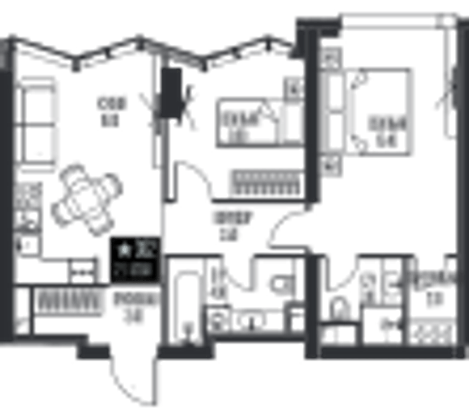 Планировка: 2-комнатная, 57,5 м²