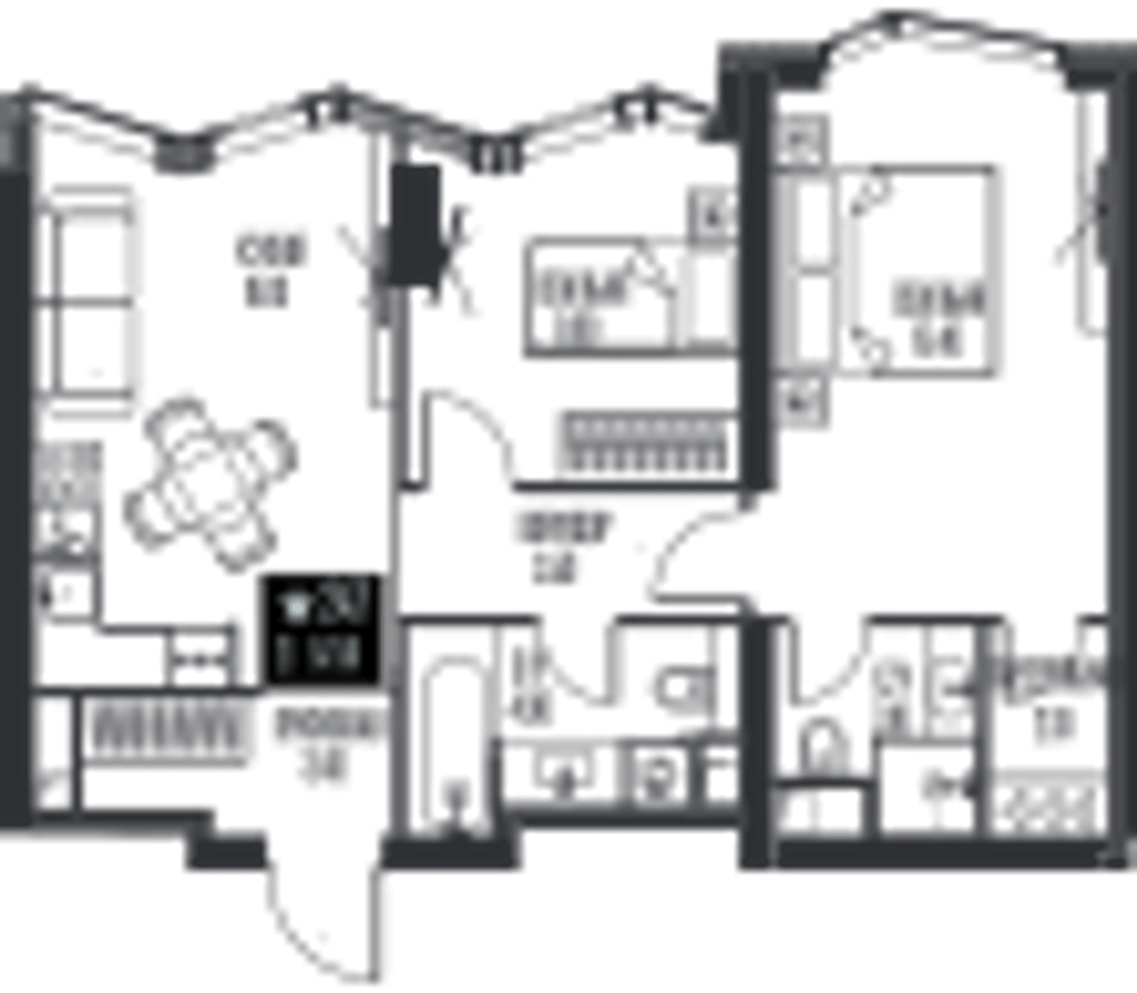 Планировка: 2-комнатная, 57,5 м²