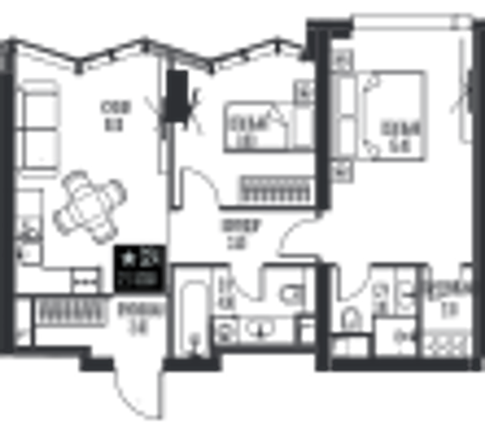 Планировка: 2-комнатная, 57,5 м²
