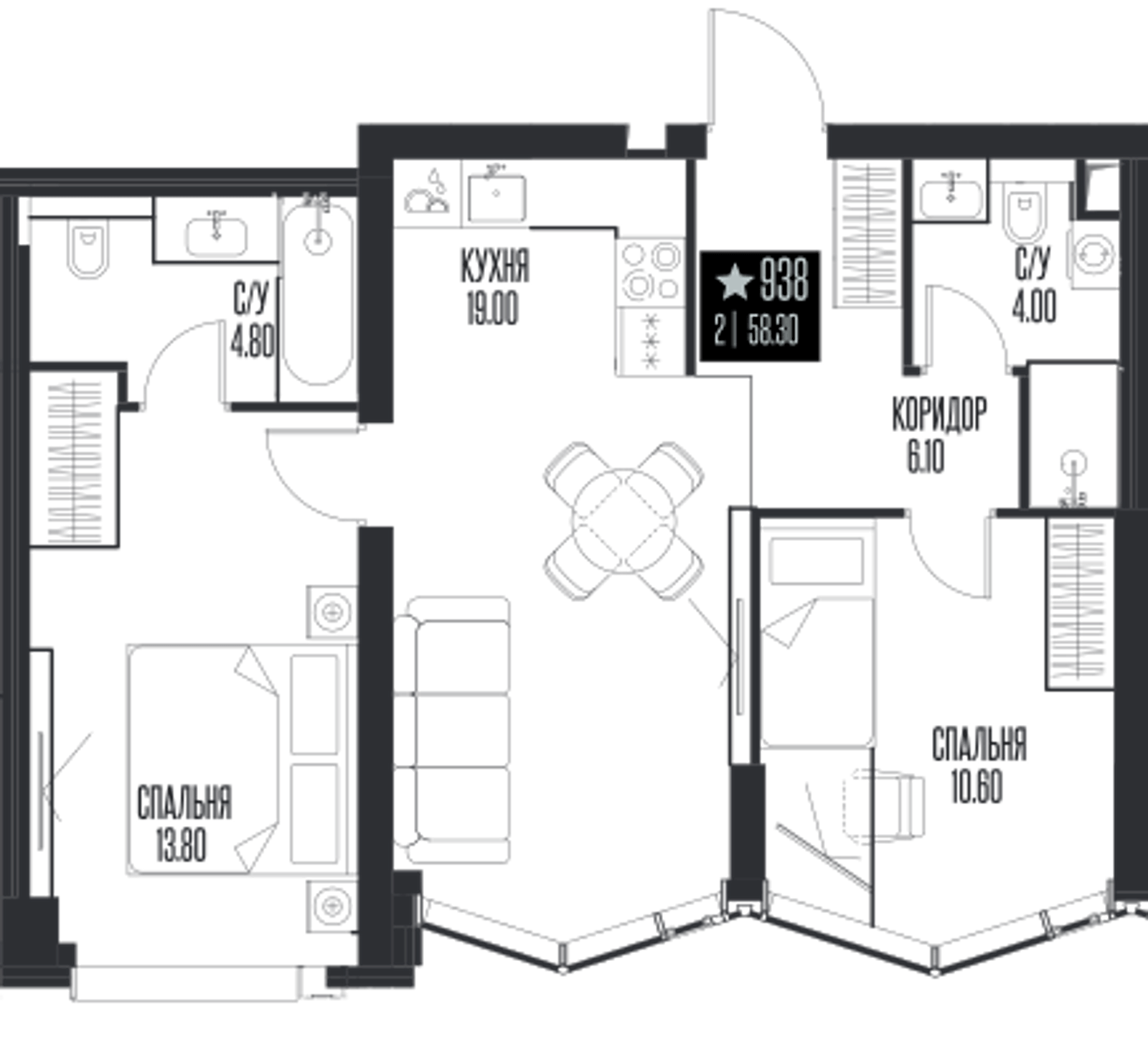 Планировка: 2-комнатная, 58,3 м²