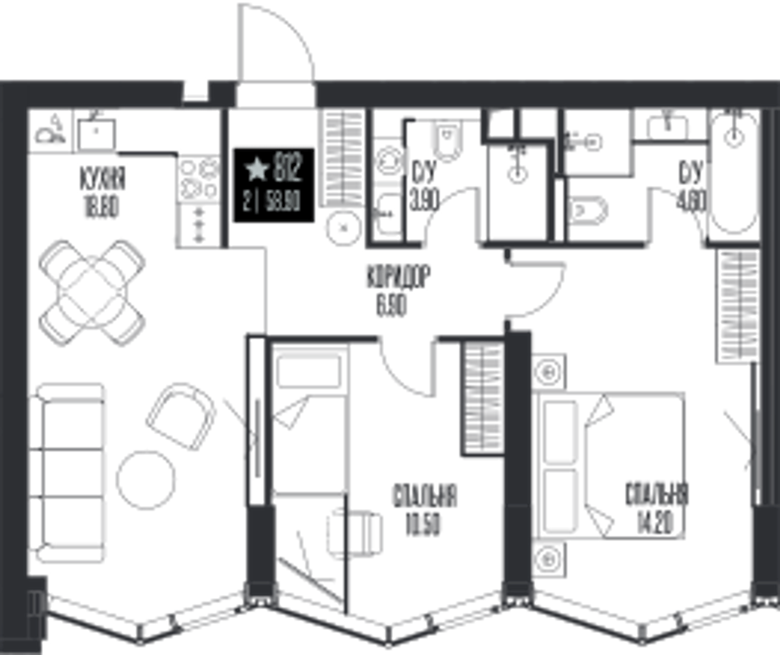 Планировка: 2-комнатная, 58,9 м²