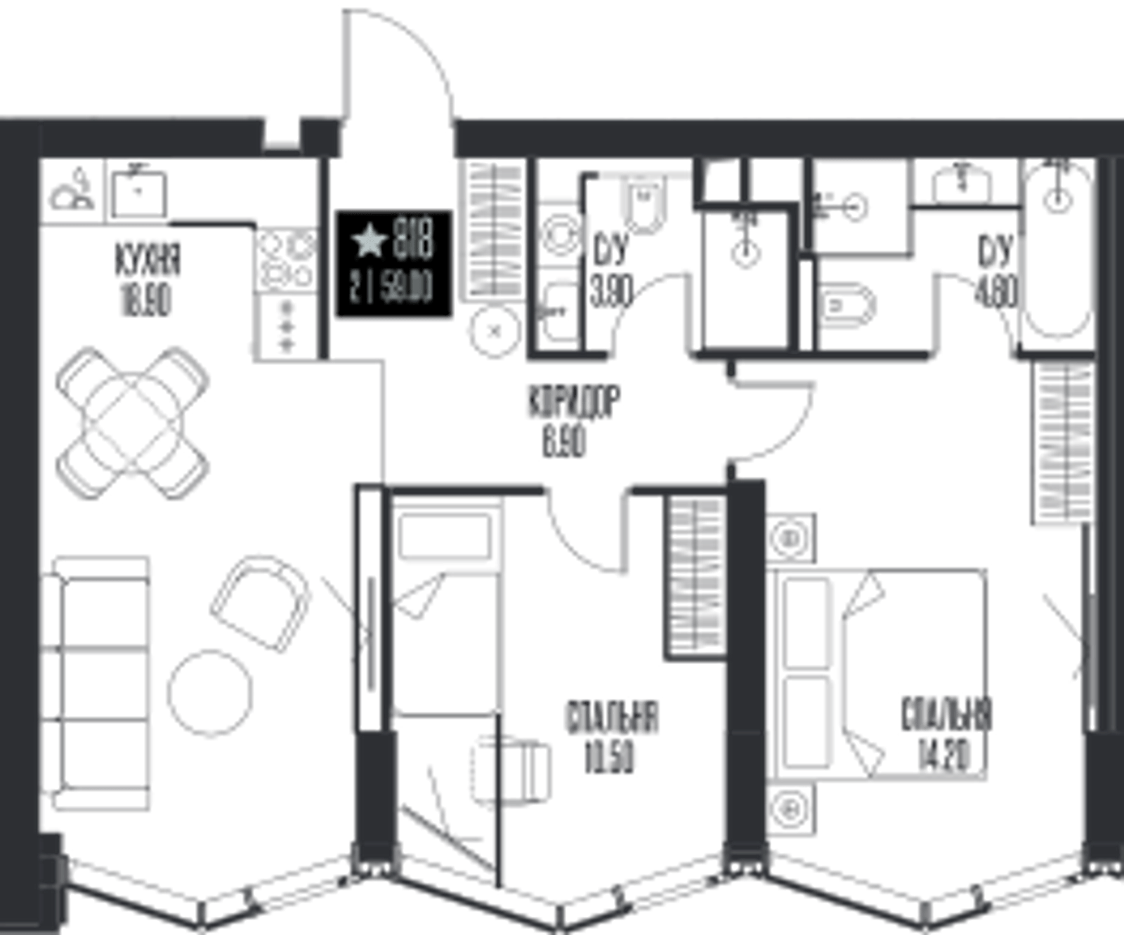 Планировка: 2-комнатная, 59 м²