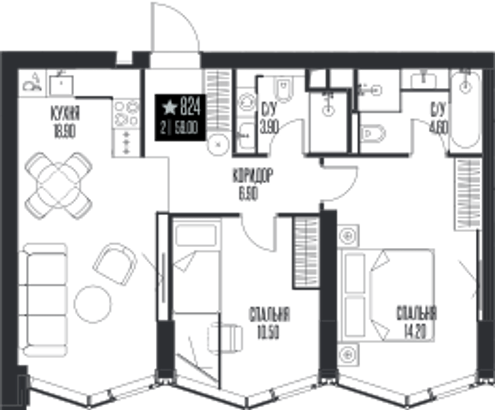 Планировка: 2-комнатная, 59 м²