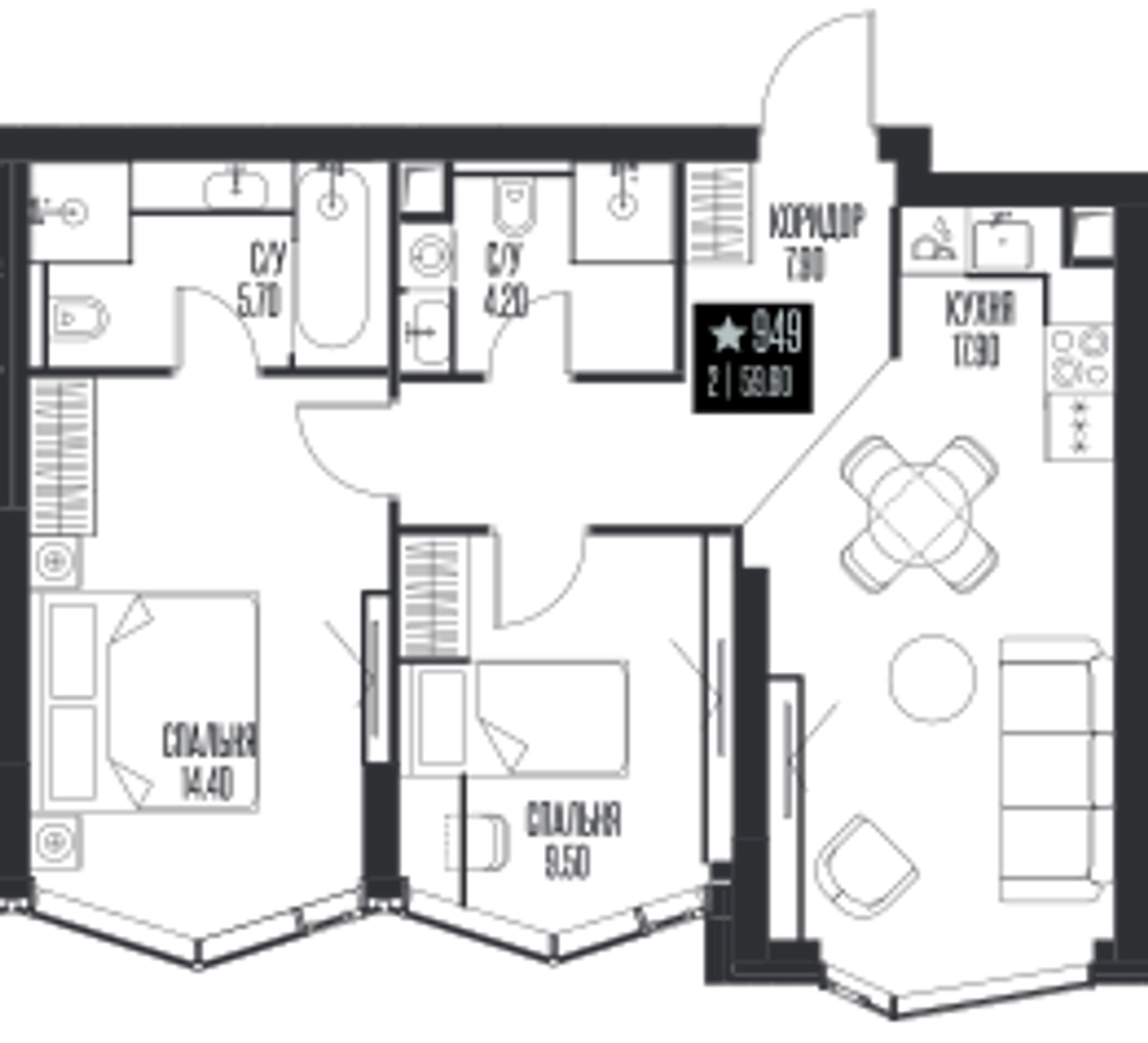 Планировка: 2-комнатная, 59,6 м²