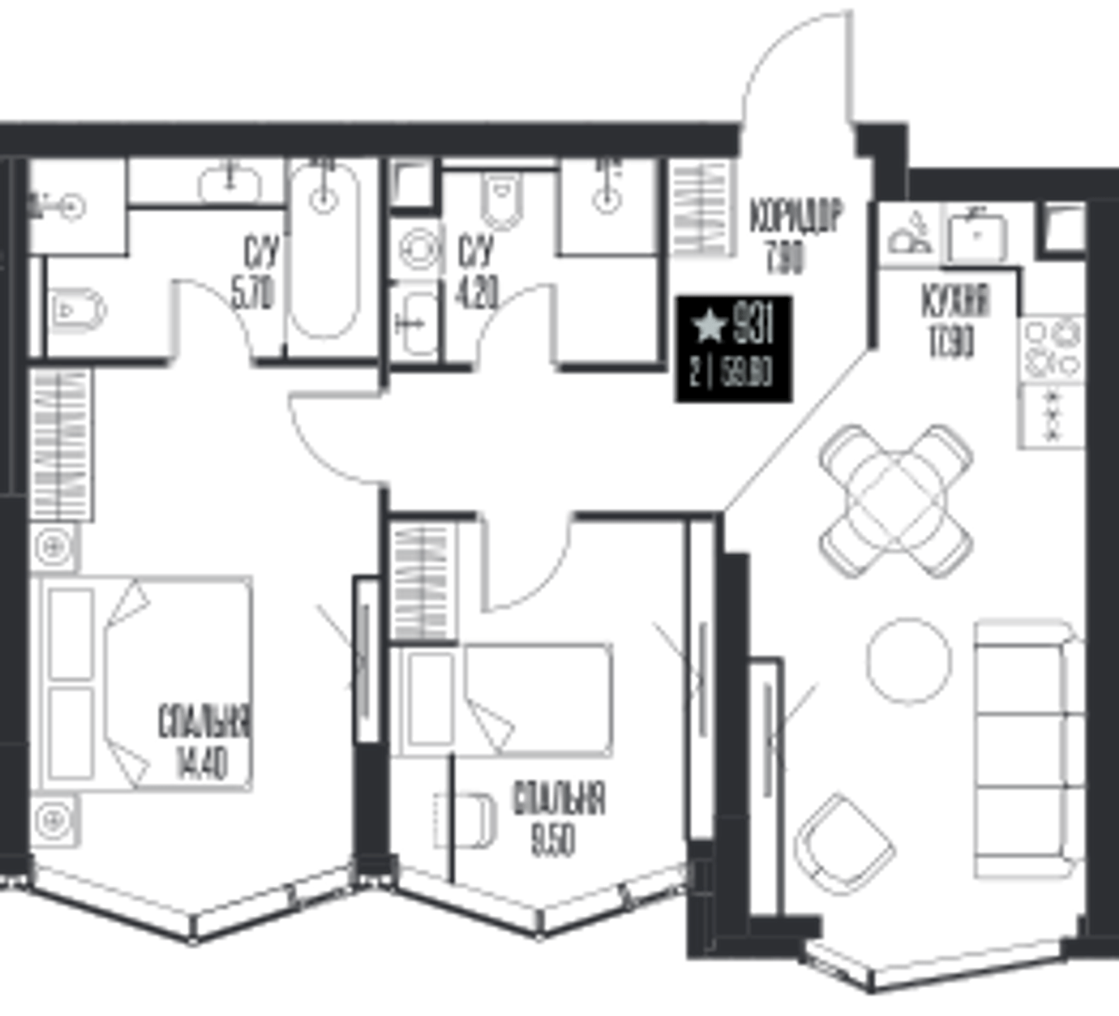 Планировка: 2-комнатная, 59,6 м²