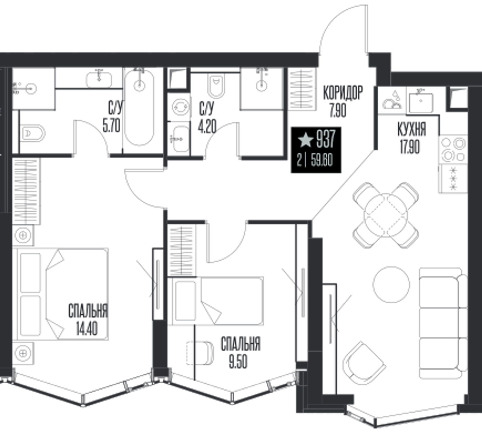 Планировка: 2-комнатная, 59,6 м²