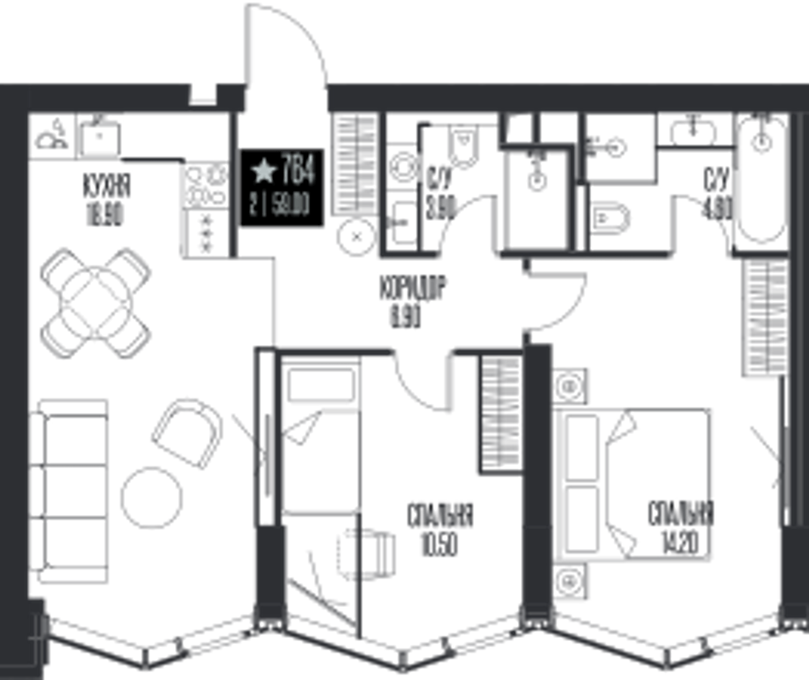 Планировка: 2-комнатная, 59 м²