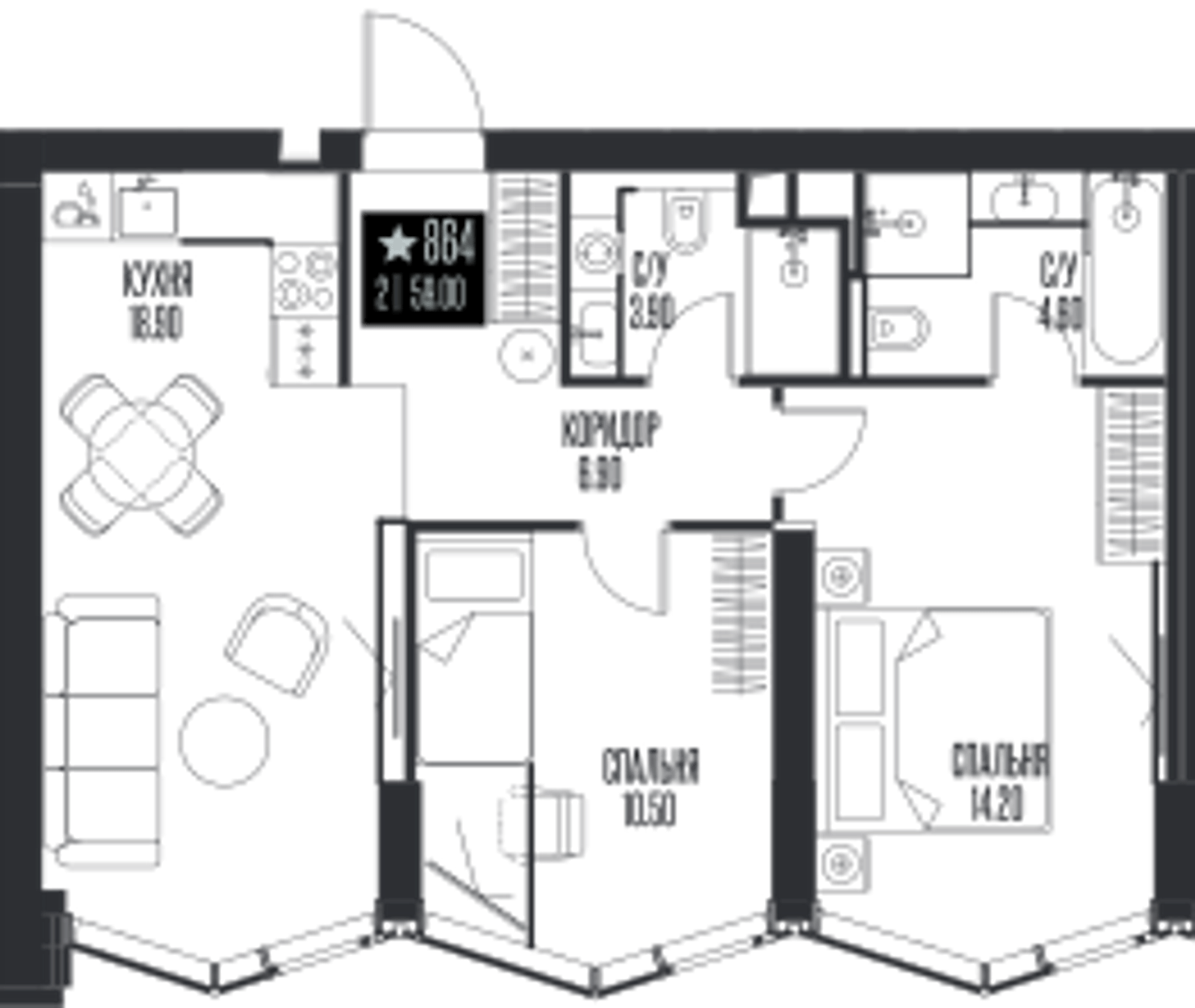 Планировка: 2-комнатная, 59 м²