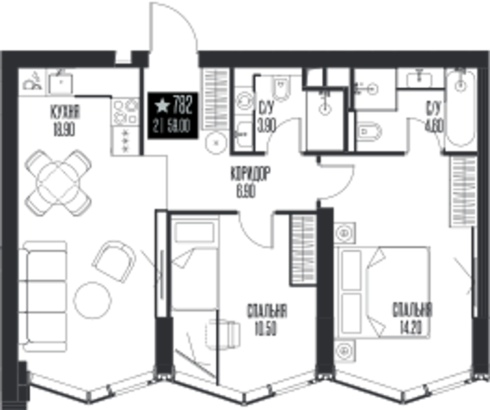 Планировка: 2-комнатная, 59 м²