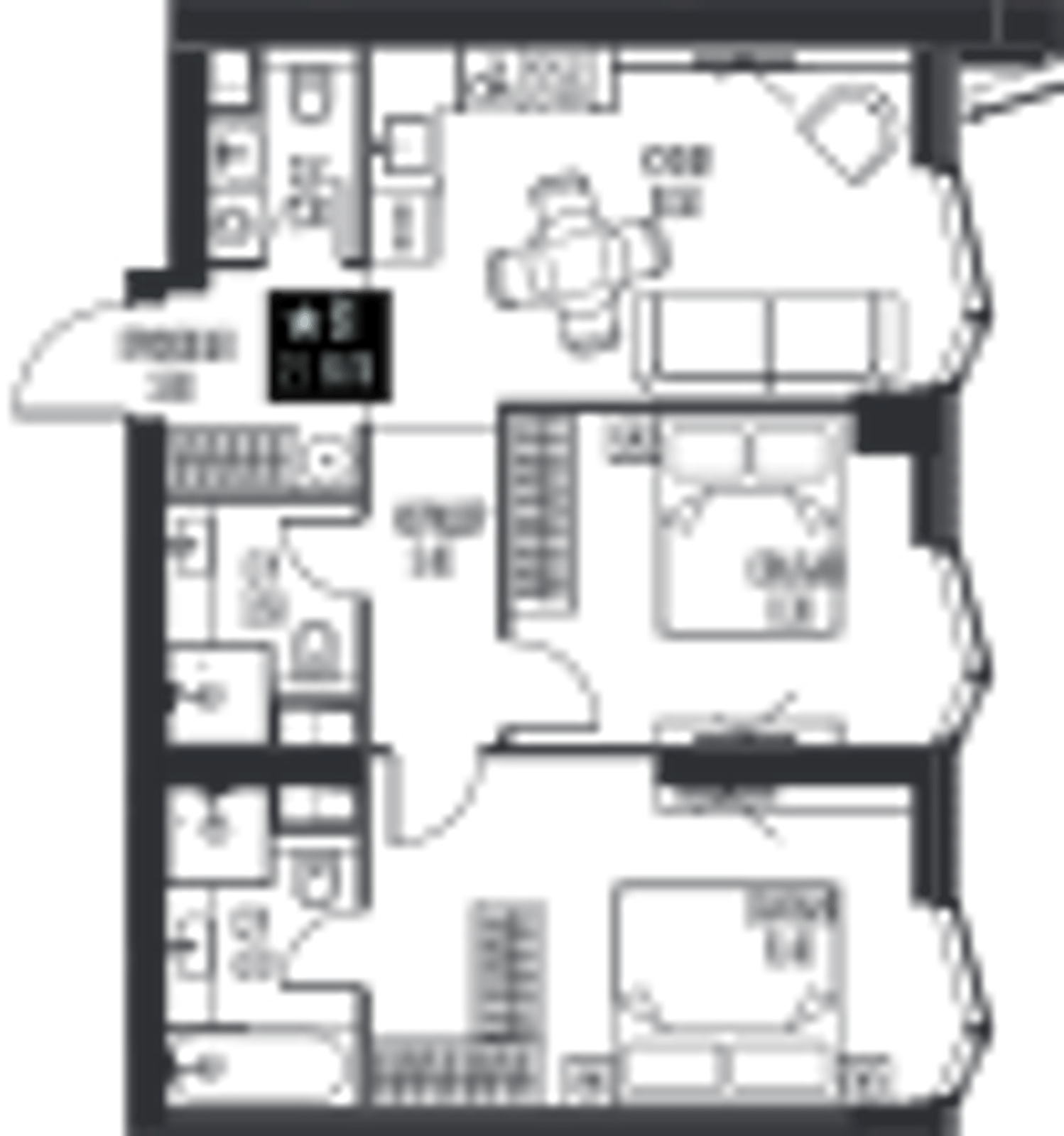 Планировка: 2-комнатная, 60,7 м²