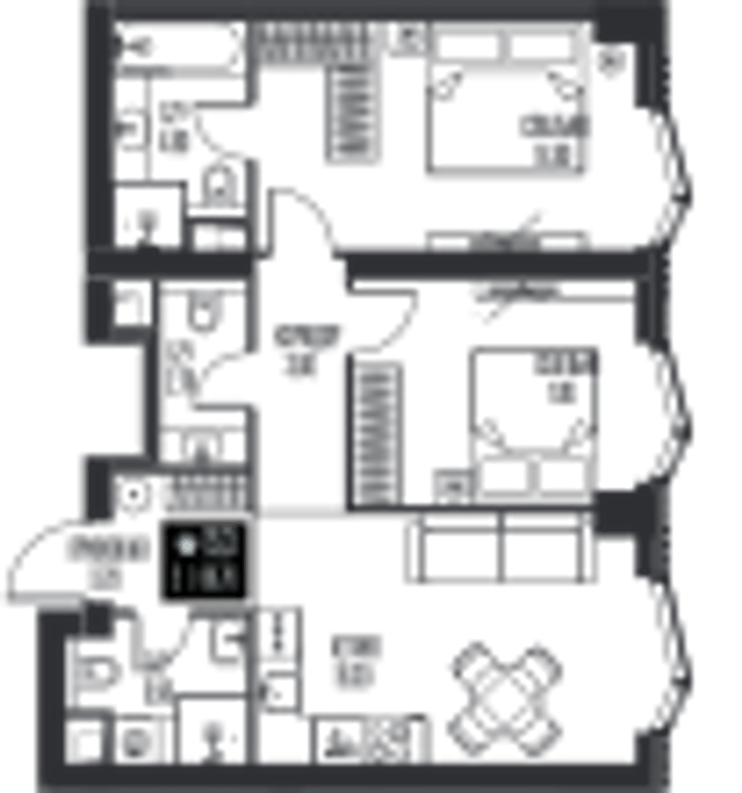 Планировка: 2-комнатная, 60,7 м²