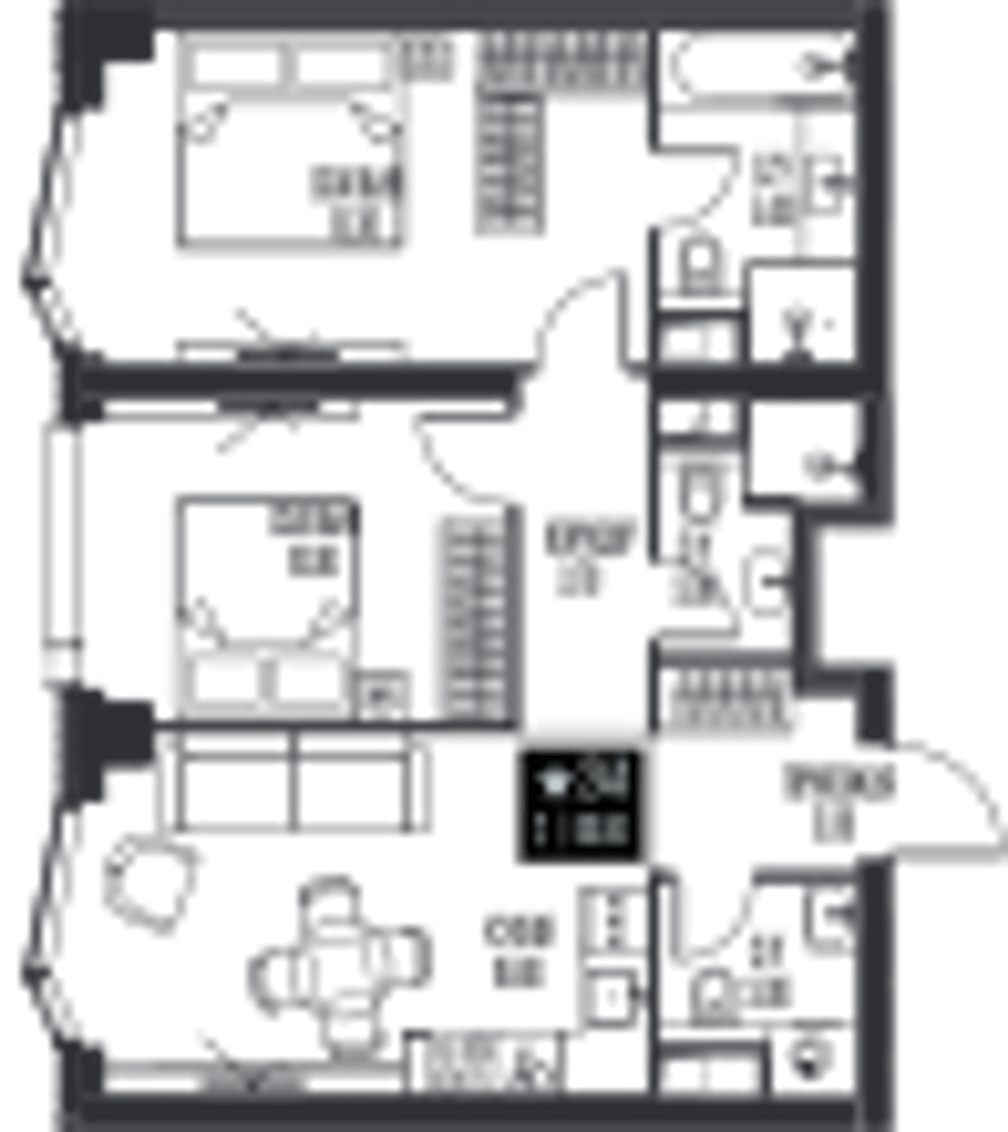 Планировка: 2-комнатная, 60,8 м²