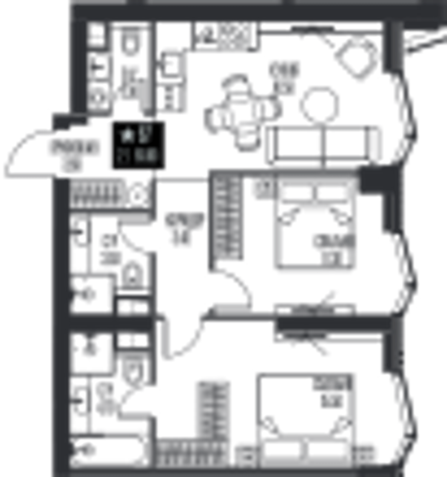 Планировка: 2-комнатная, 60,8 м²