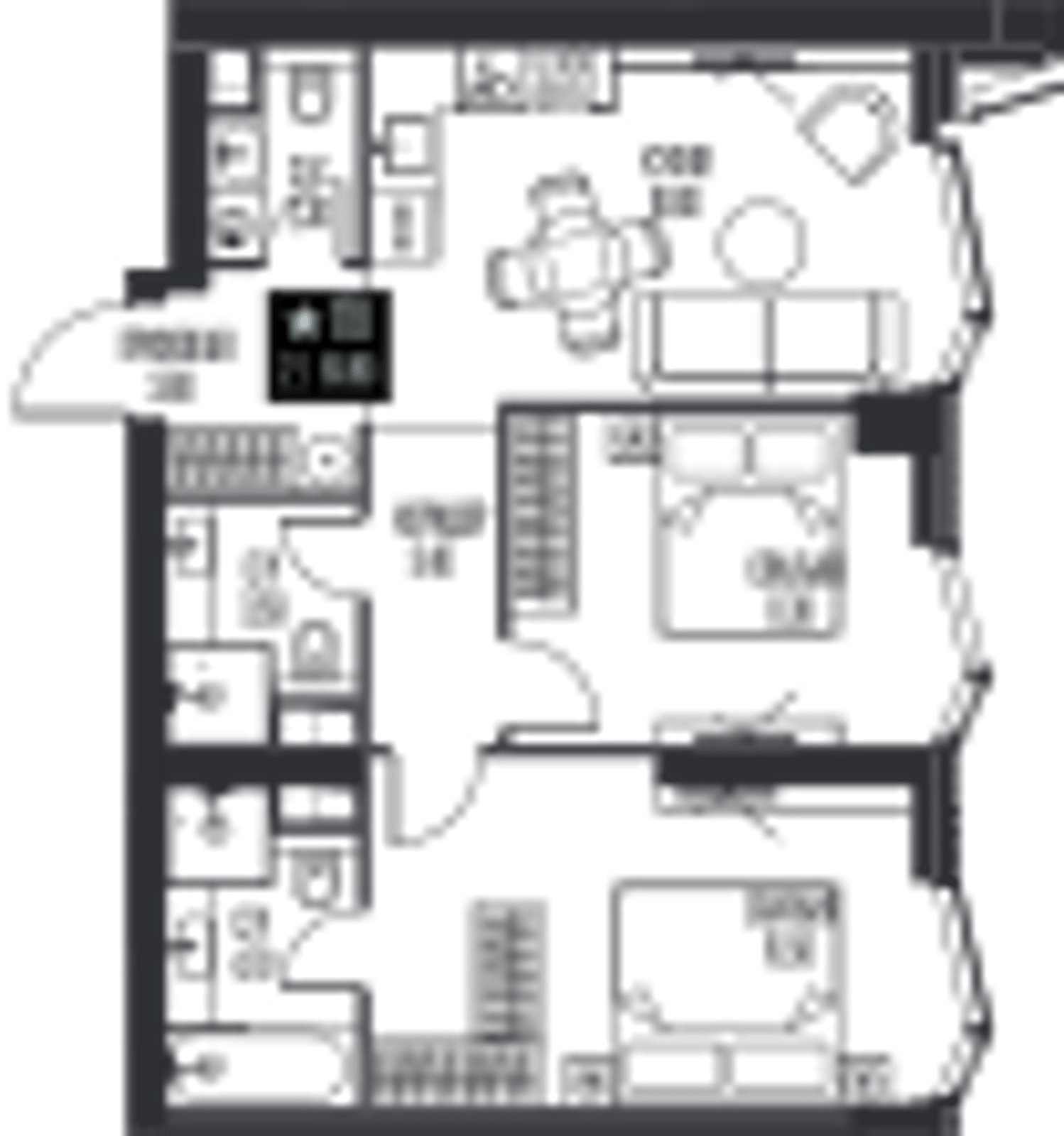Планировка: 2-комнатная, 60,9 м²