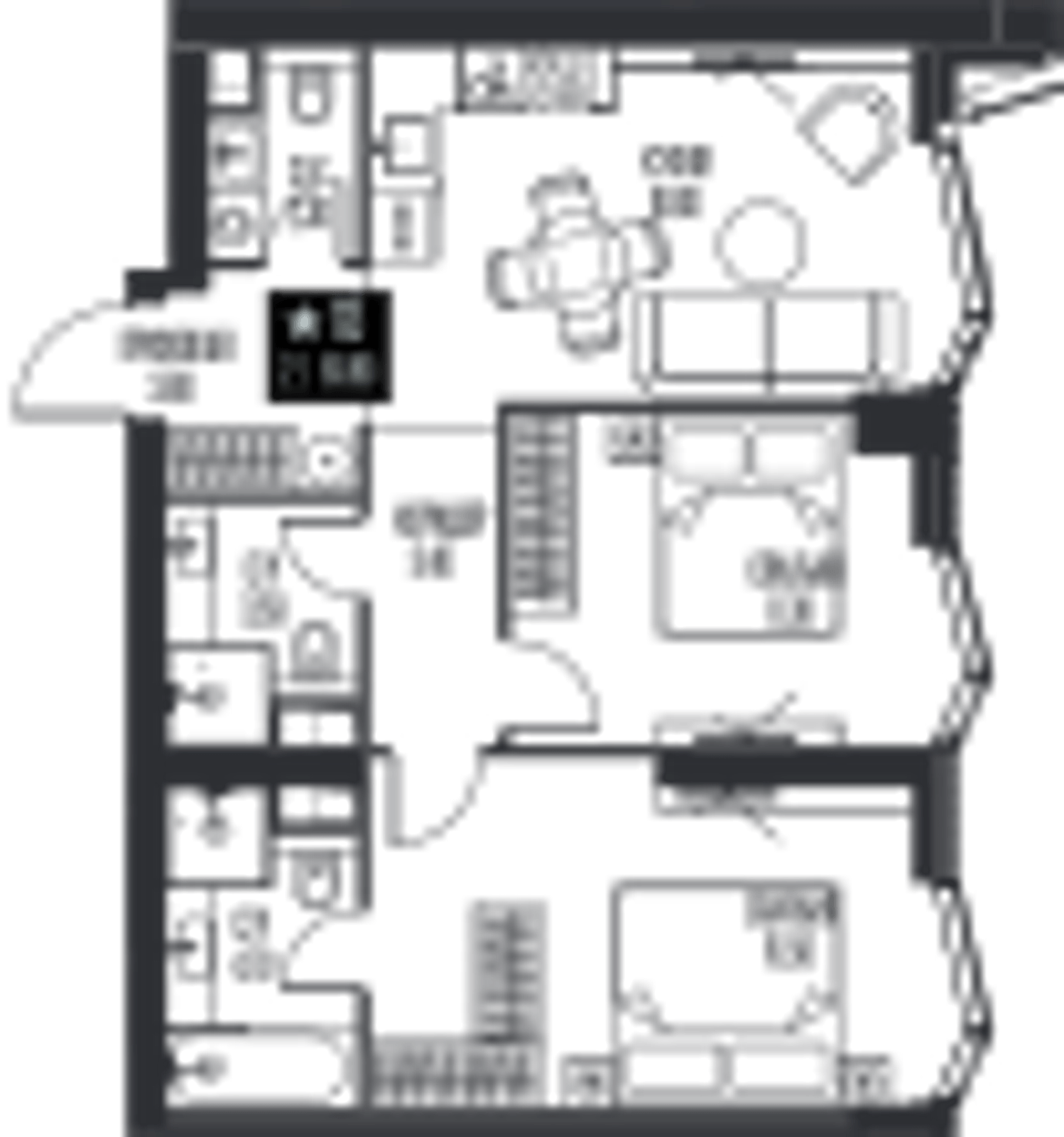 Планировка: 2-комнатная, 60,9 м²