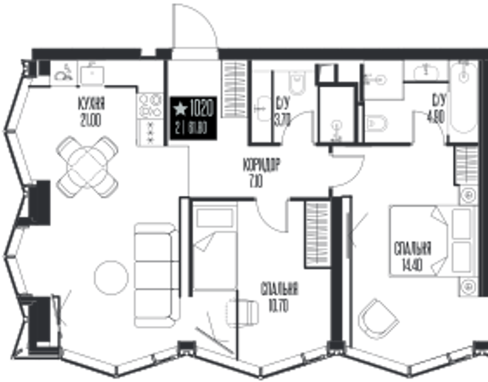 Планировка: 2-комнатная, 61,8 м²