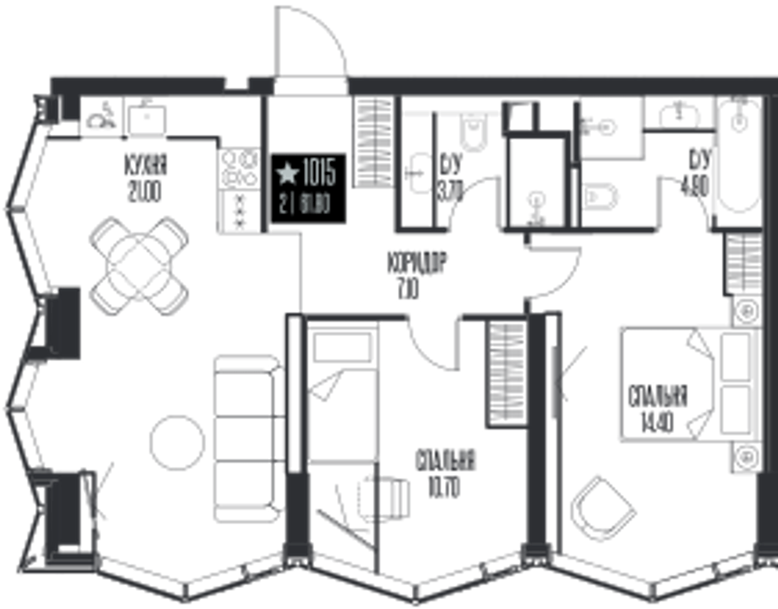 Планировка: 2-комнатная, 61,8 м²