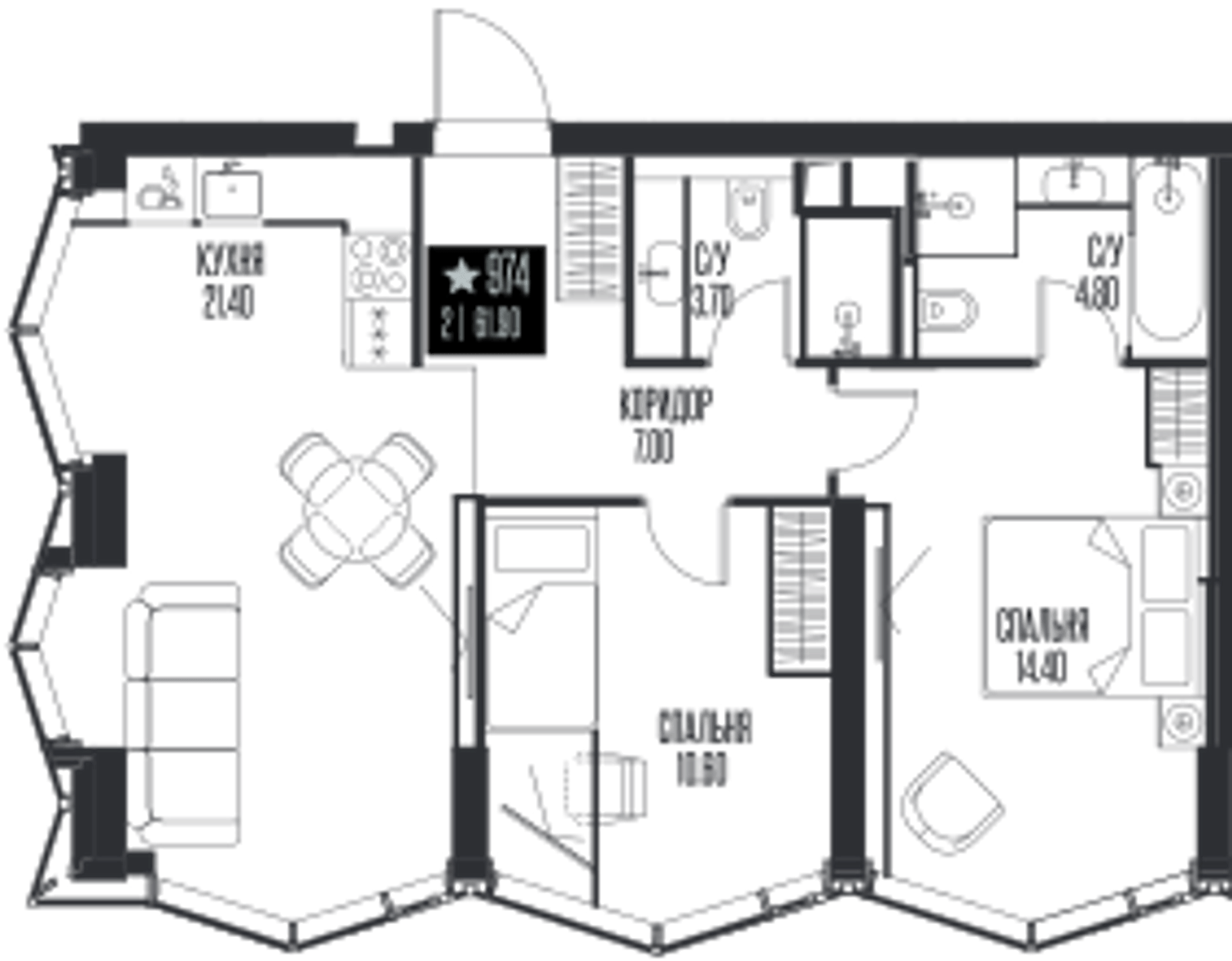 Планировка: 2-комнатная, 61,9 м²