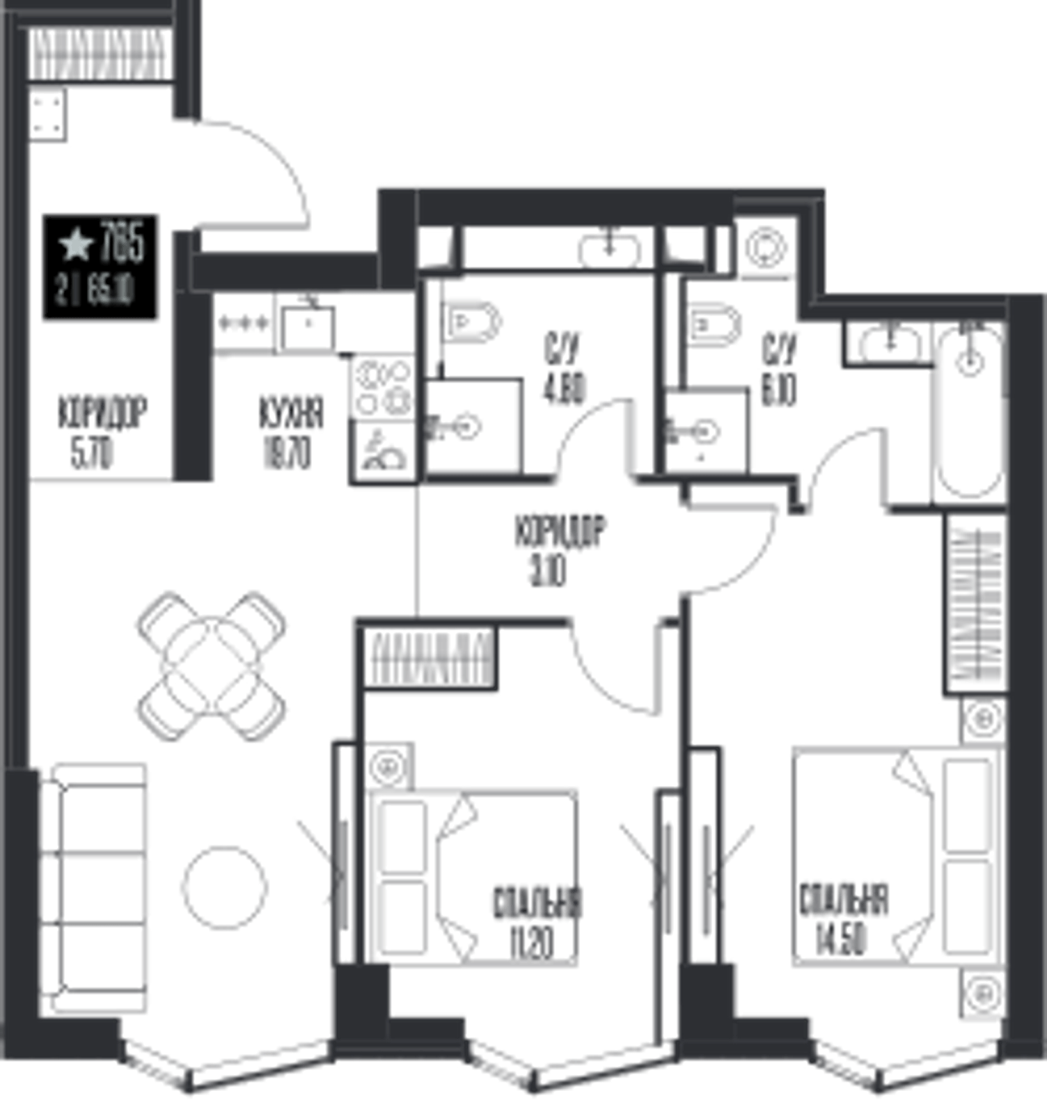 Планировка: 2-комнатная, 65,1 м²