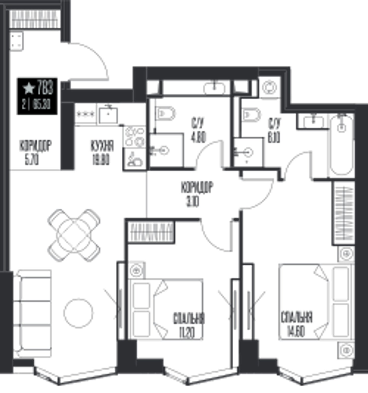 Планировка: 2-комнатная, 65,3 м²