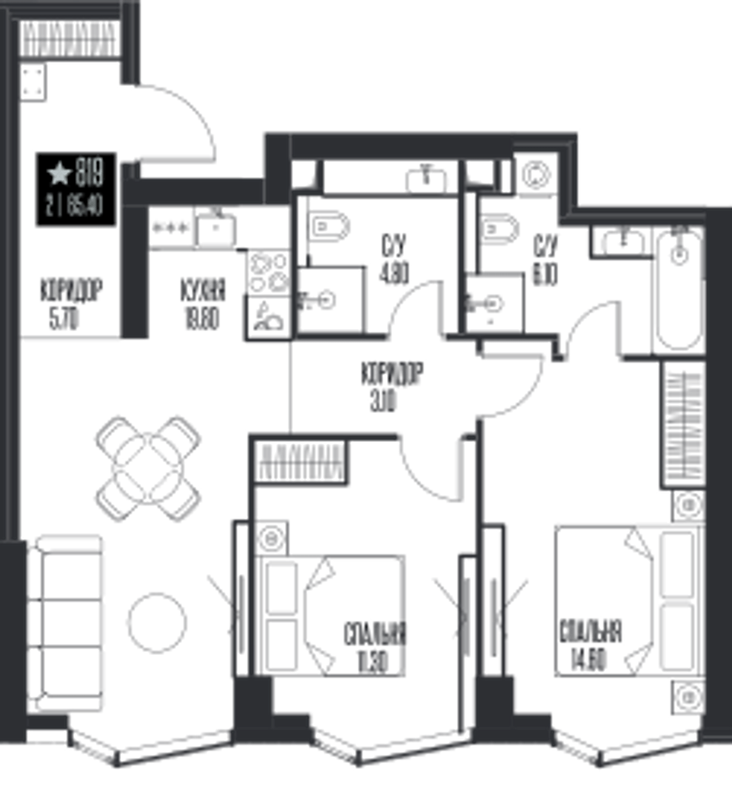 Планировка: 2-комнатная, 65,4 м²