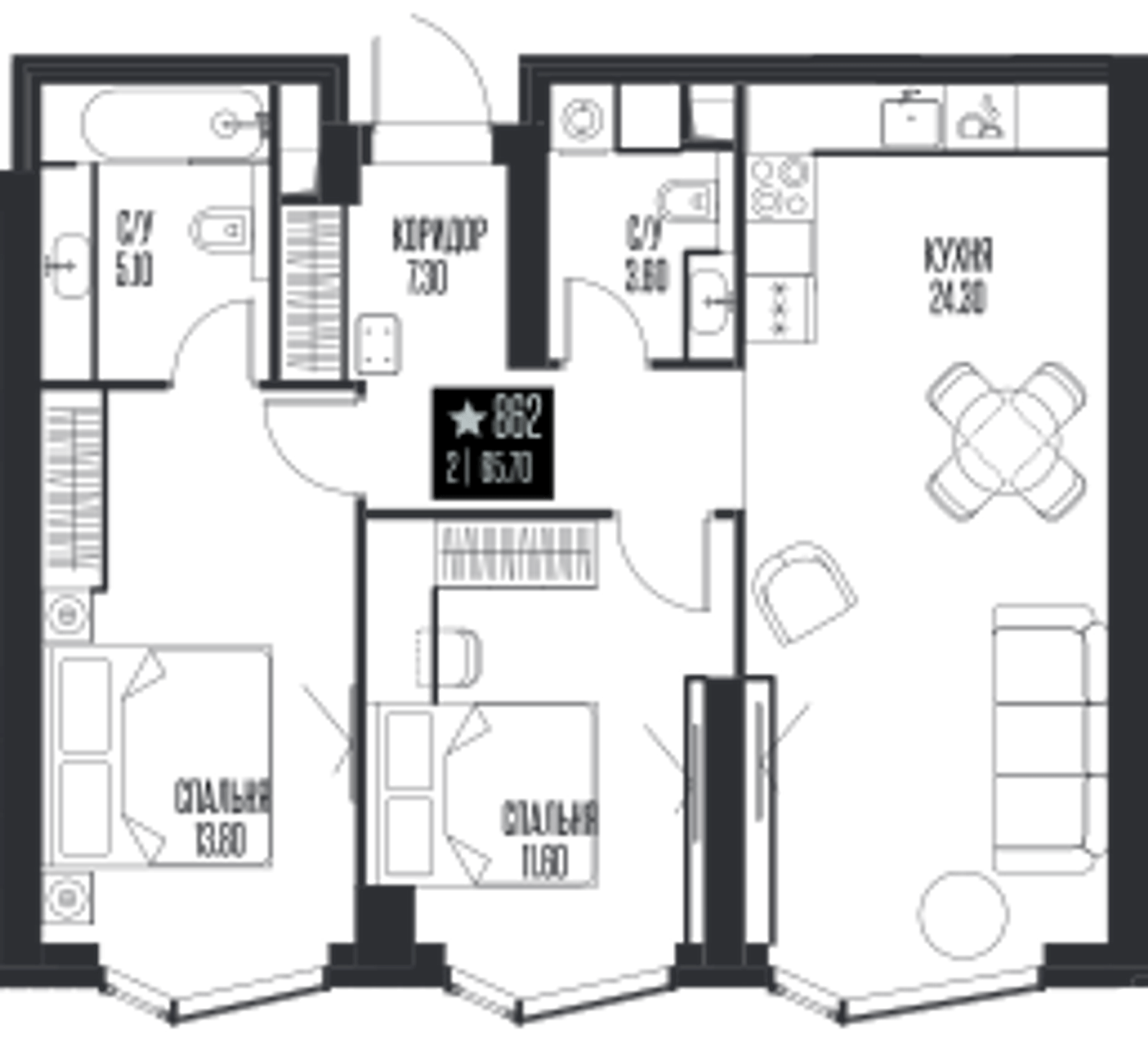 Планировка: 2-комнатная, 65,7 м²