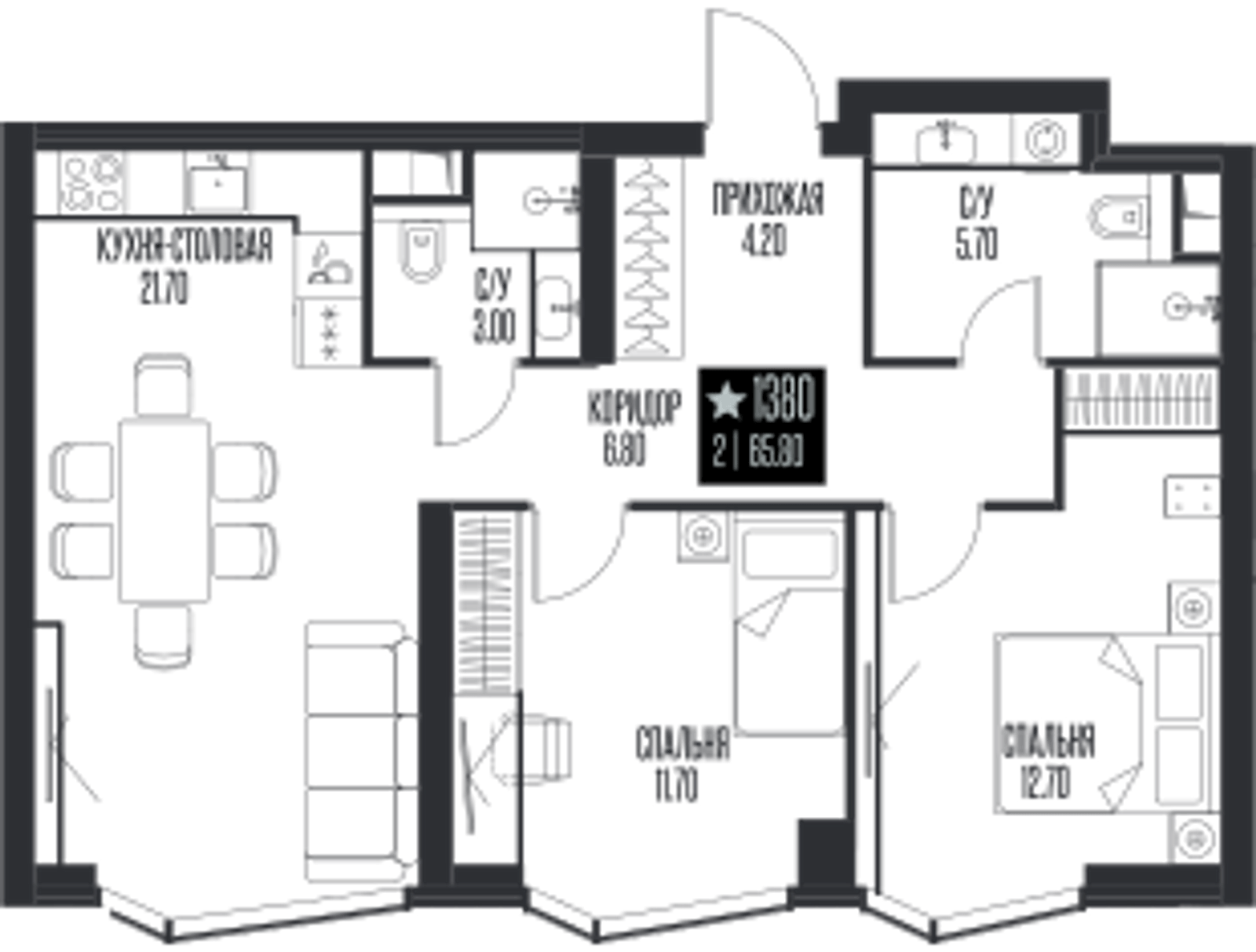 Планировка: 2-комнатная, 65,8 м²
