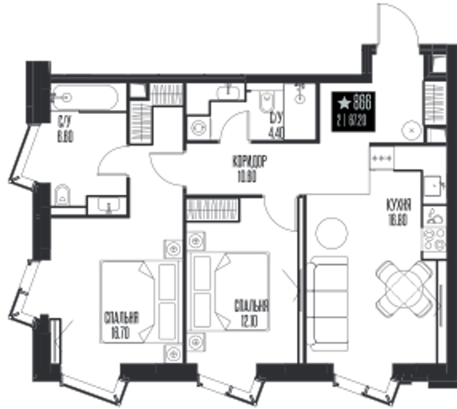 Планировка: 2-комнатная, 67,2 м²