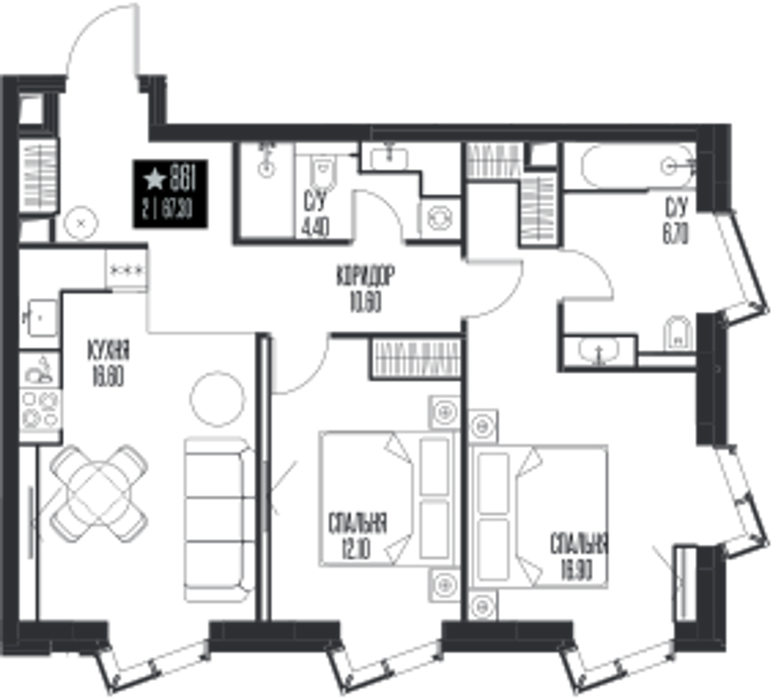 Планировка: 2-комнатная, 67,3 м²