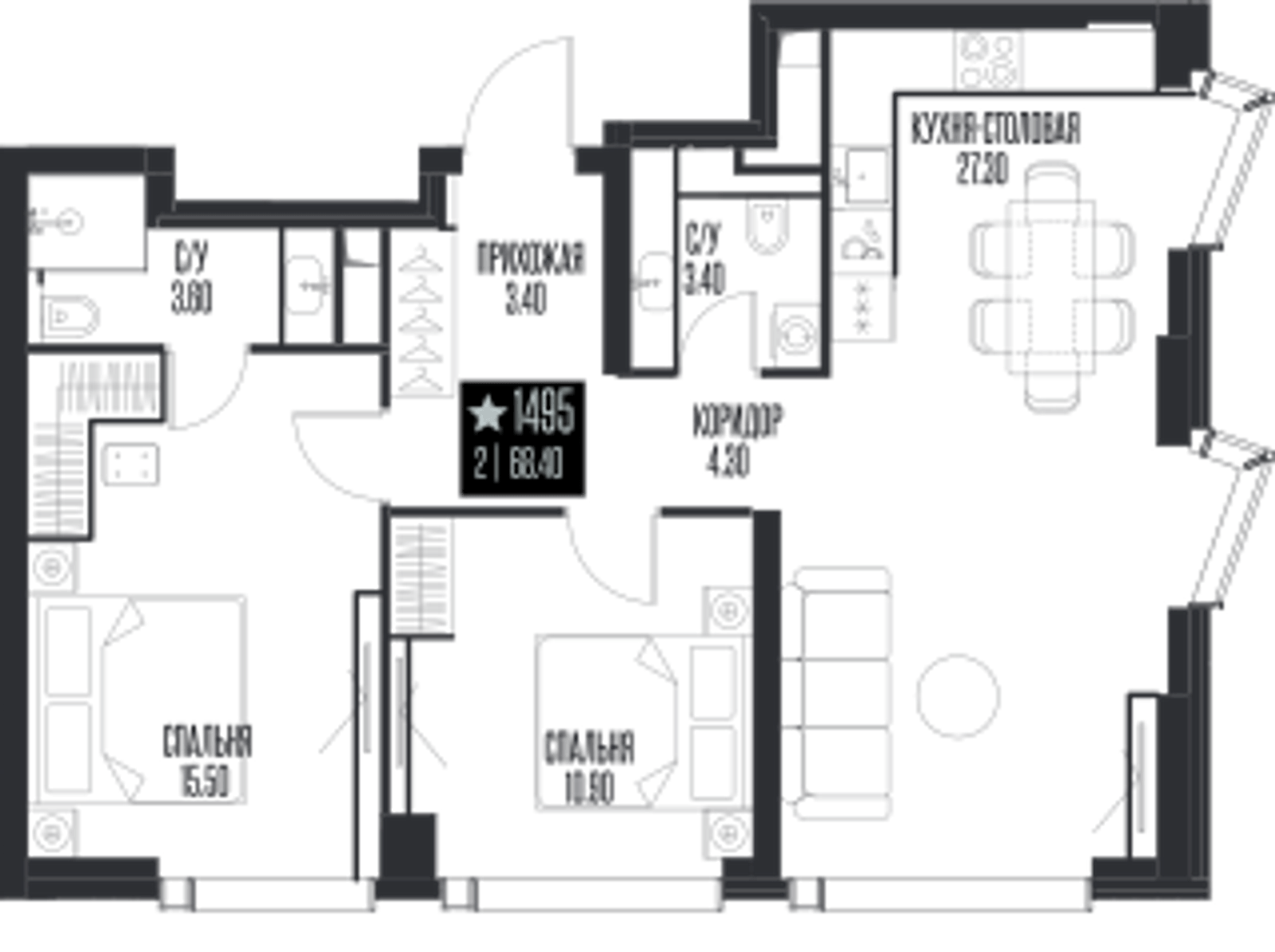 Планировка: 2-комнатная, 68,4 м²