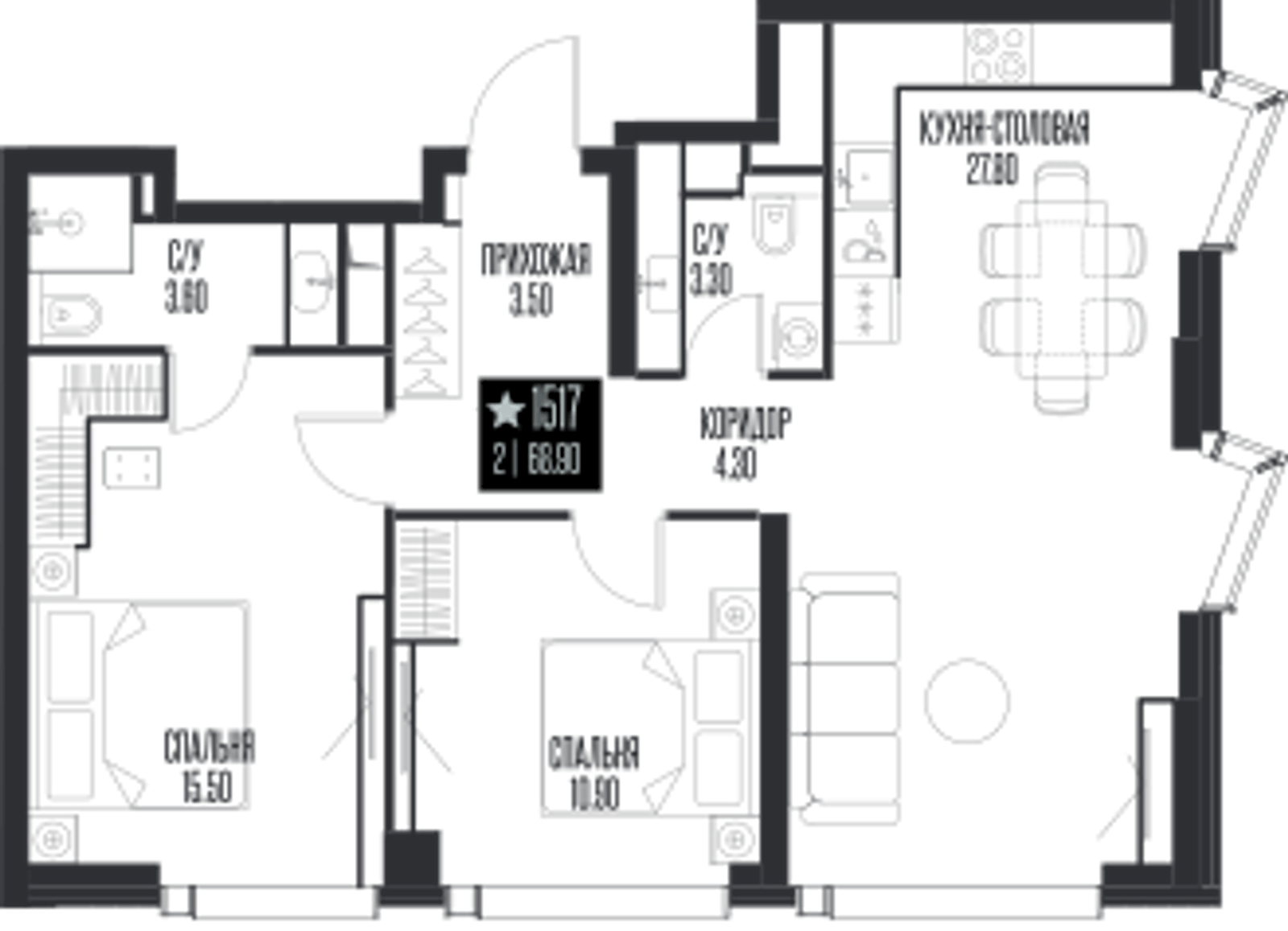 Планировка: 2-комнатная, 68,9 м²