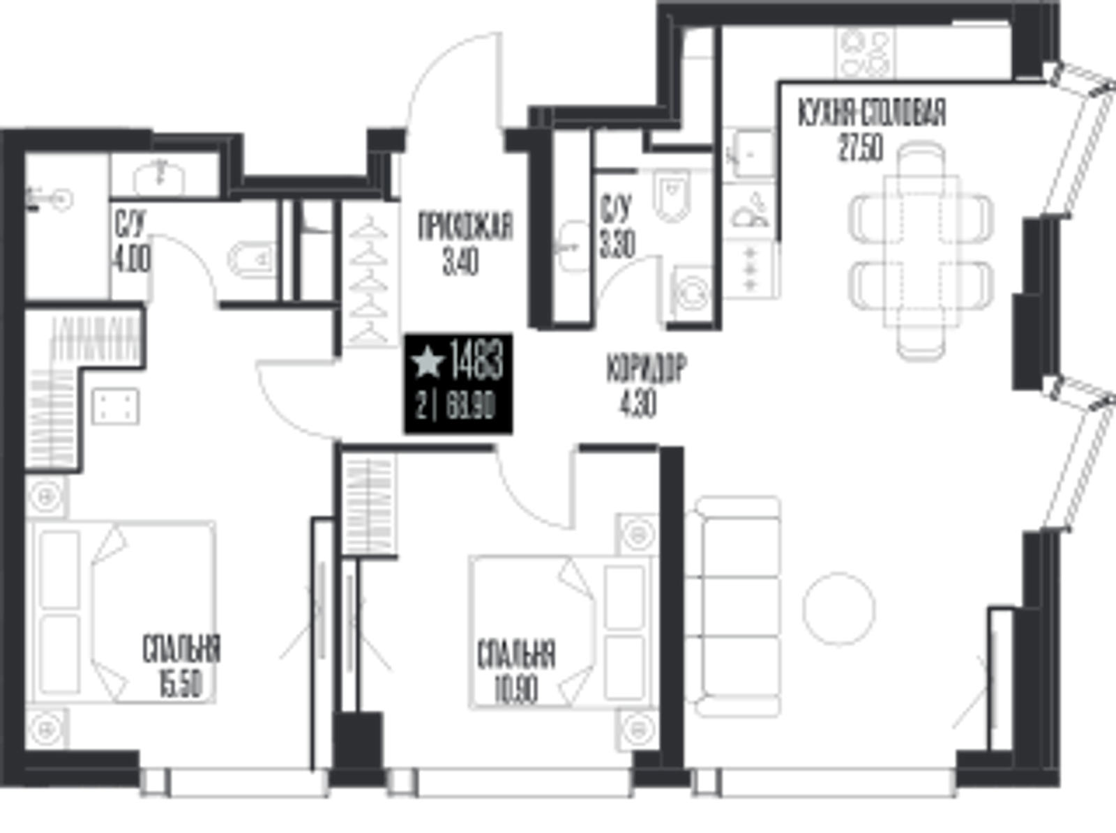 Планировка: 2-комнатная, 68,9 м²