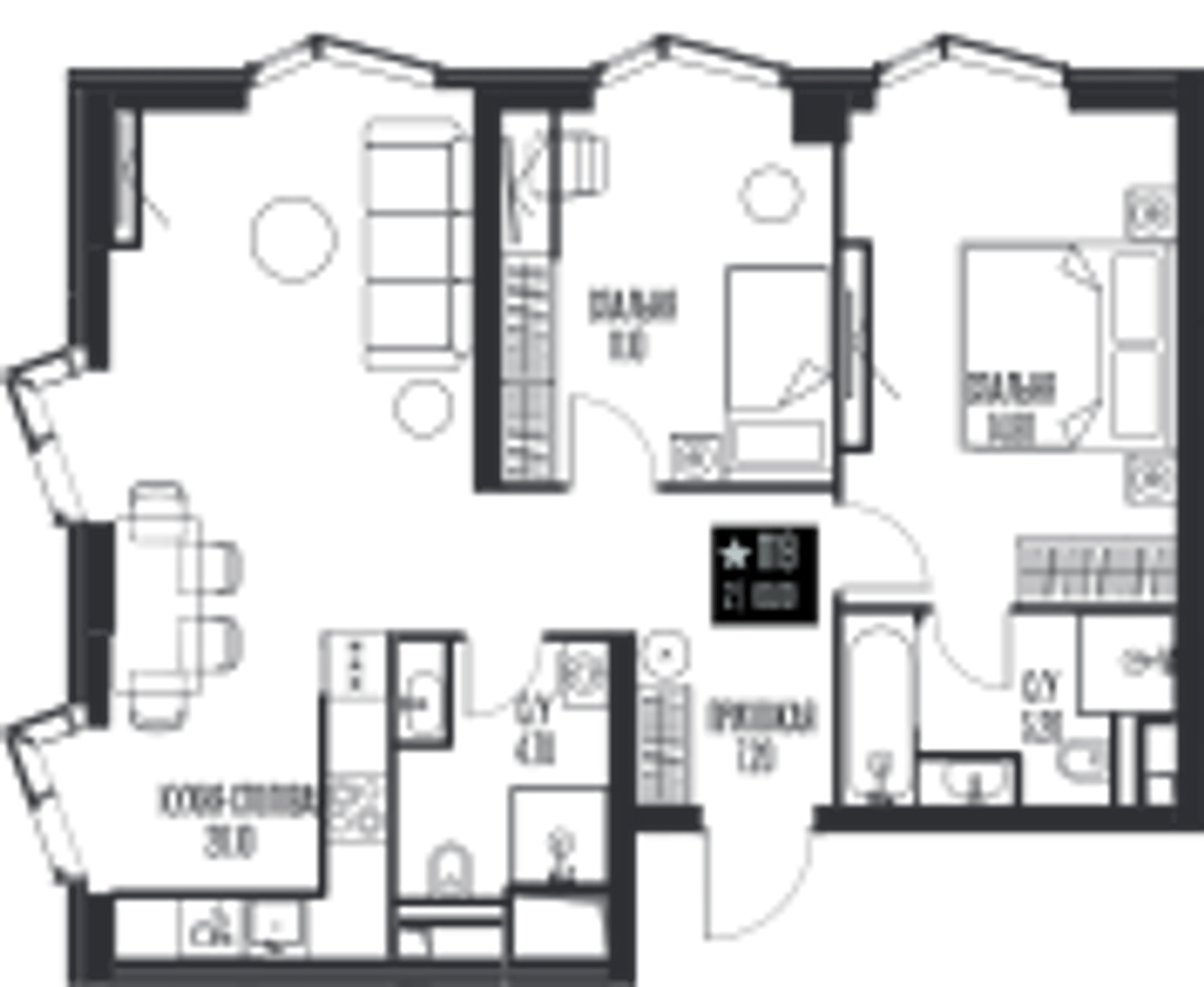 Планировка: 2-комнатная, 69,1 м²