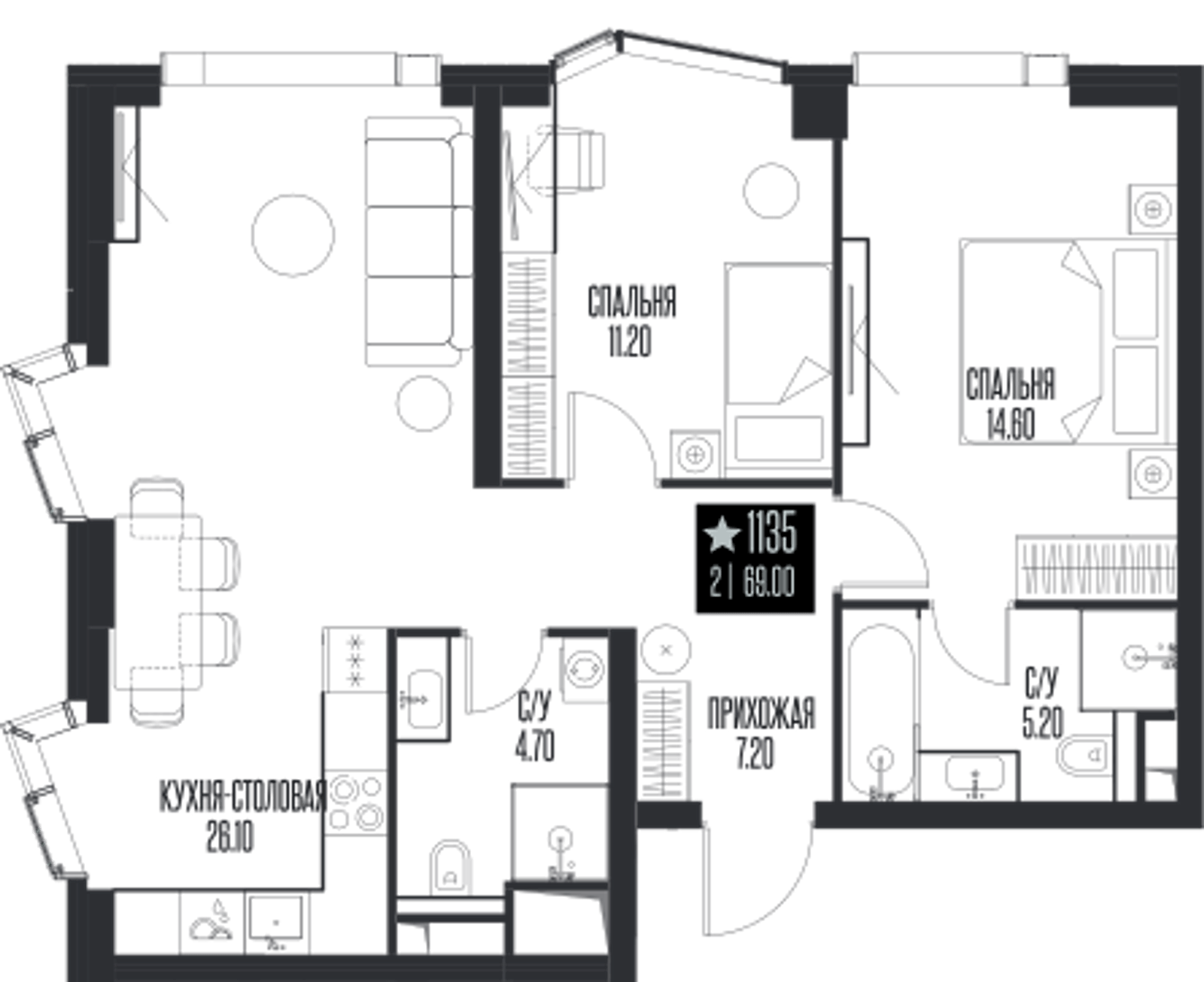 Планировка: 2-комнатная, 69 м²