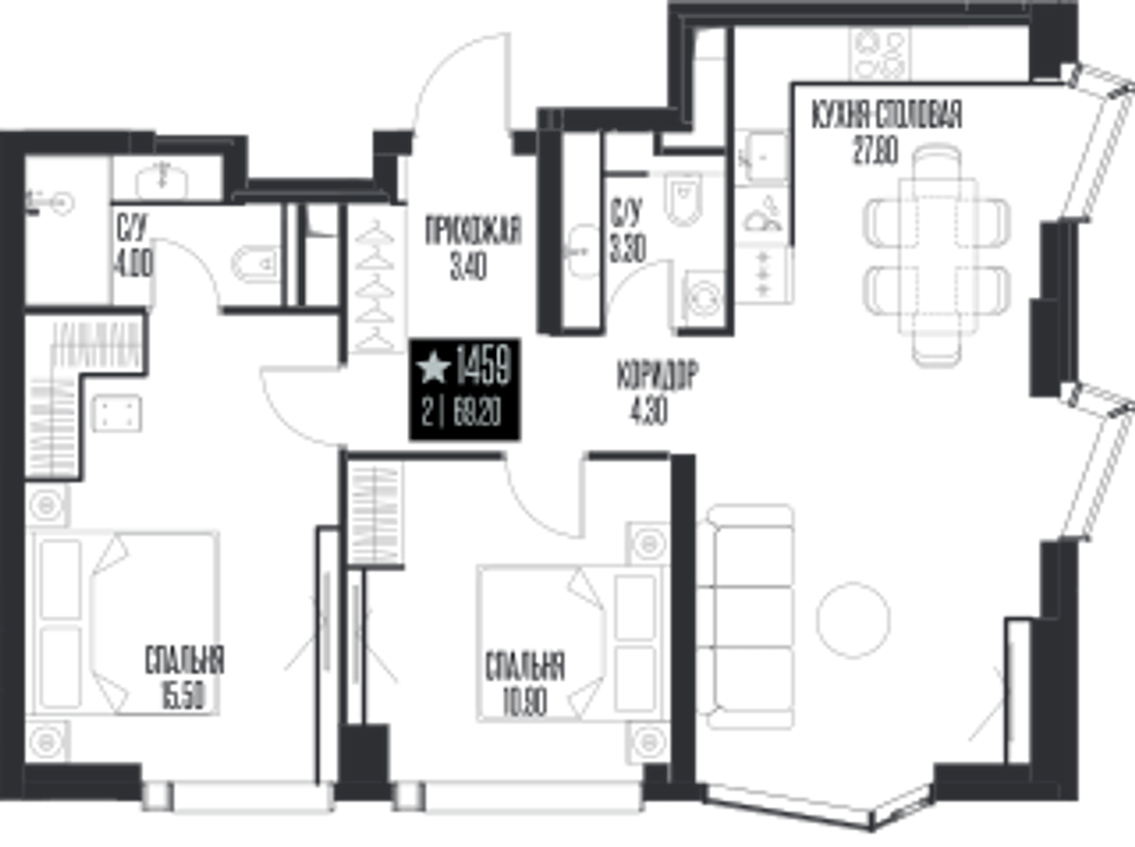Планировка: 2-комнатная, 69,2 м²