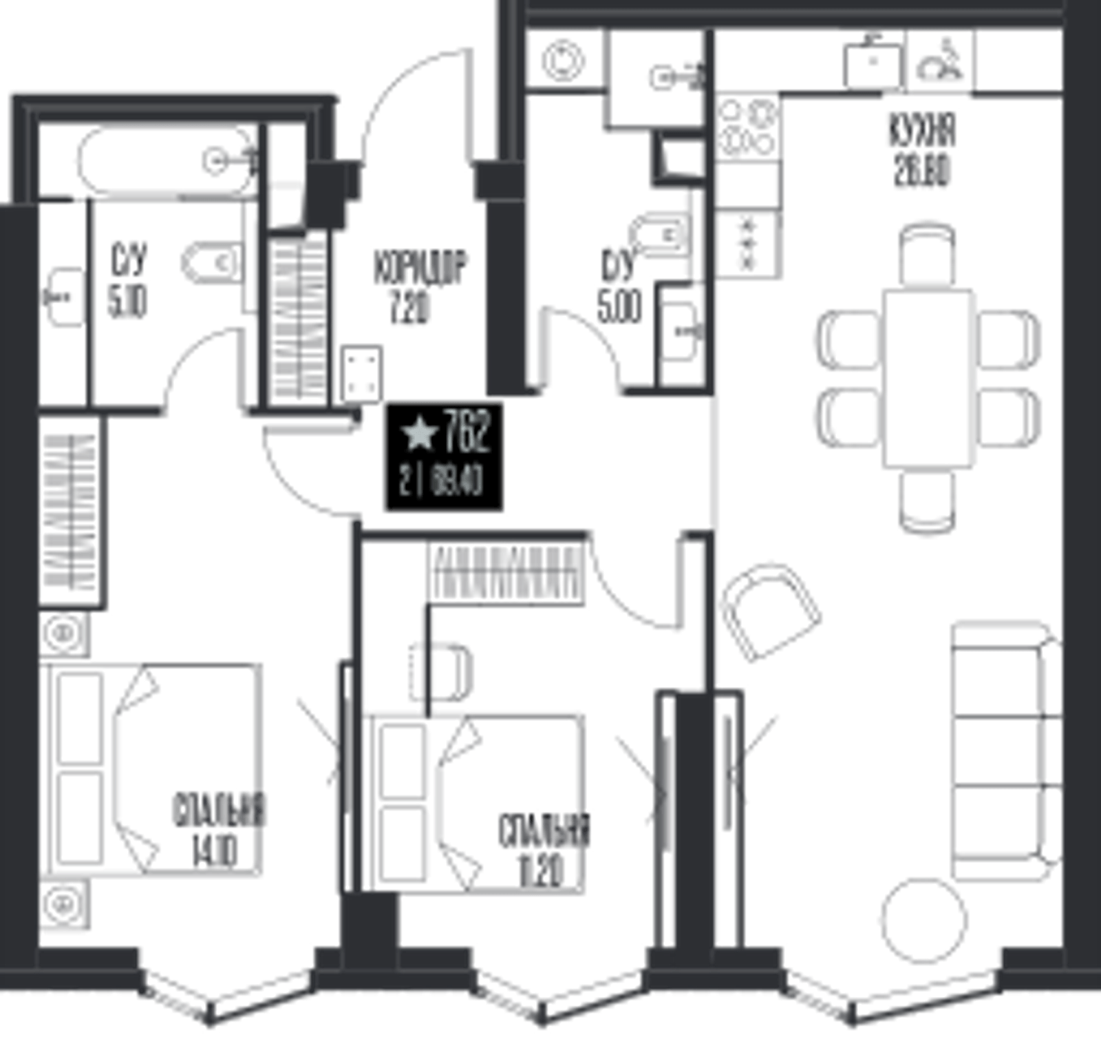 Планировка: 2-комнатная, 69,4 м²