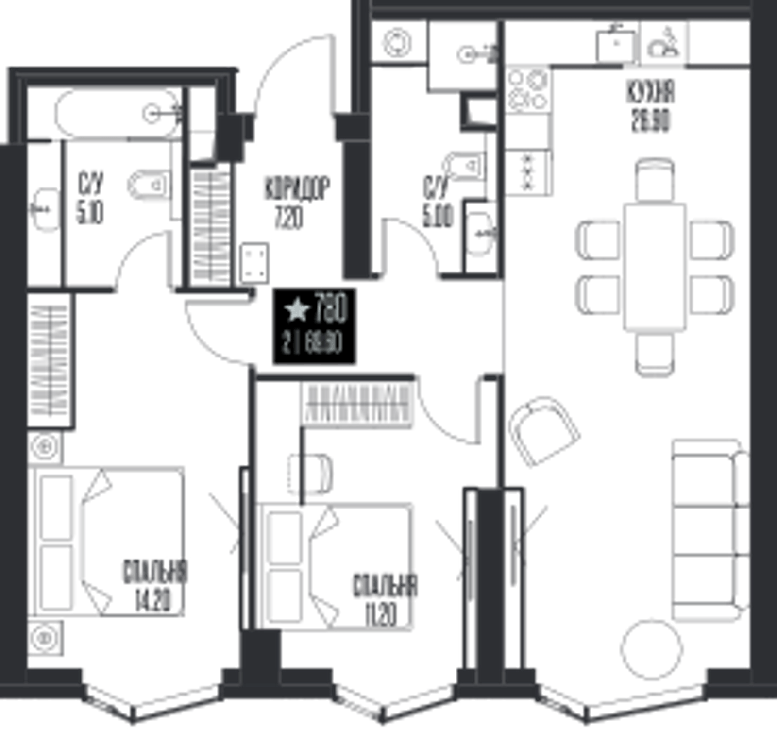 Планировка: 2-комнатная, 69,6 м²