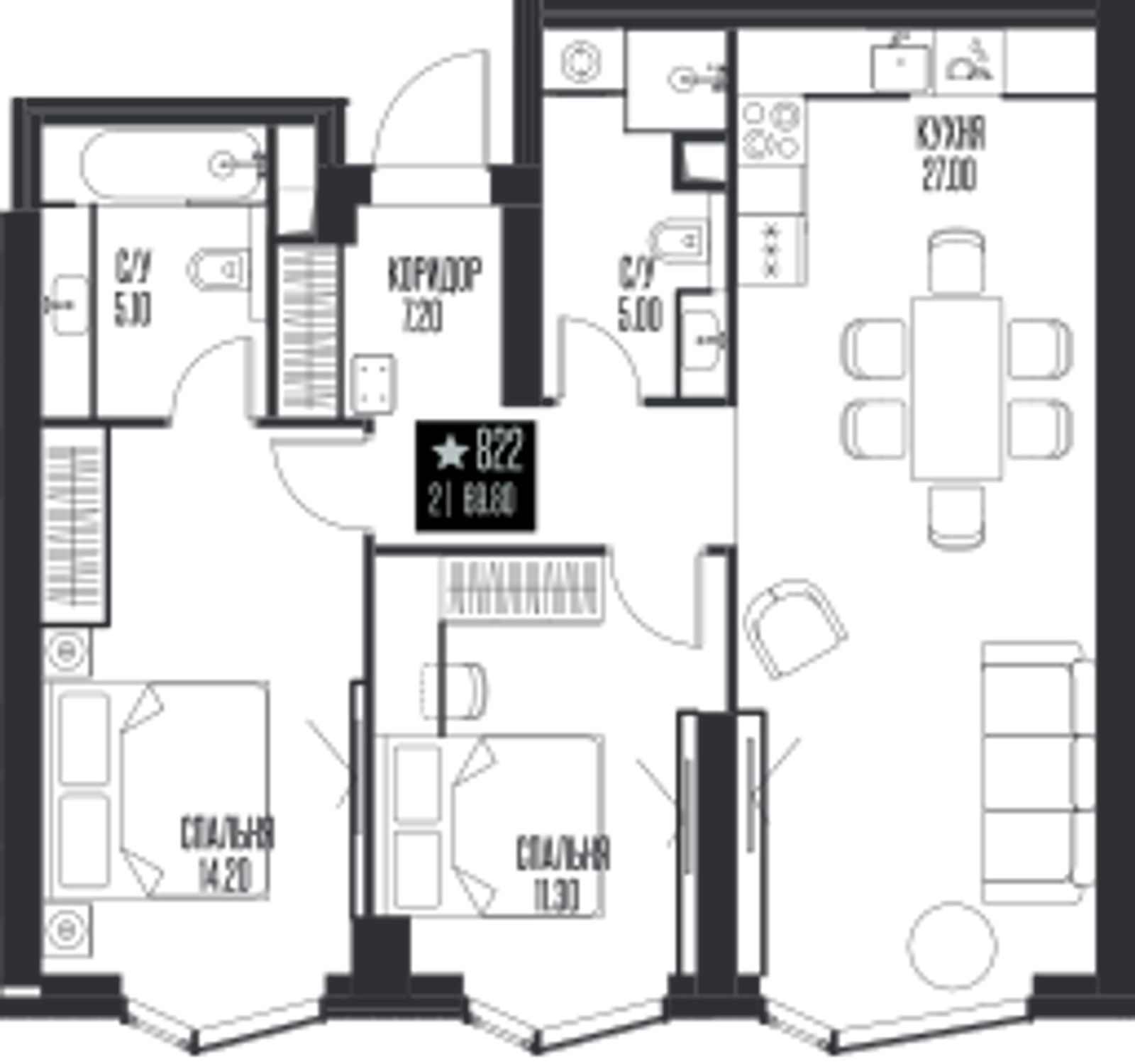 Планировка: 2-комнатная, 69,8 м²