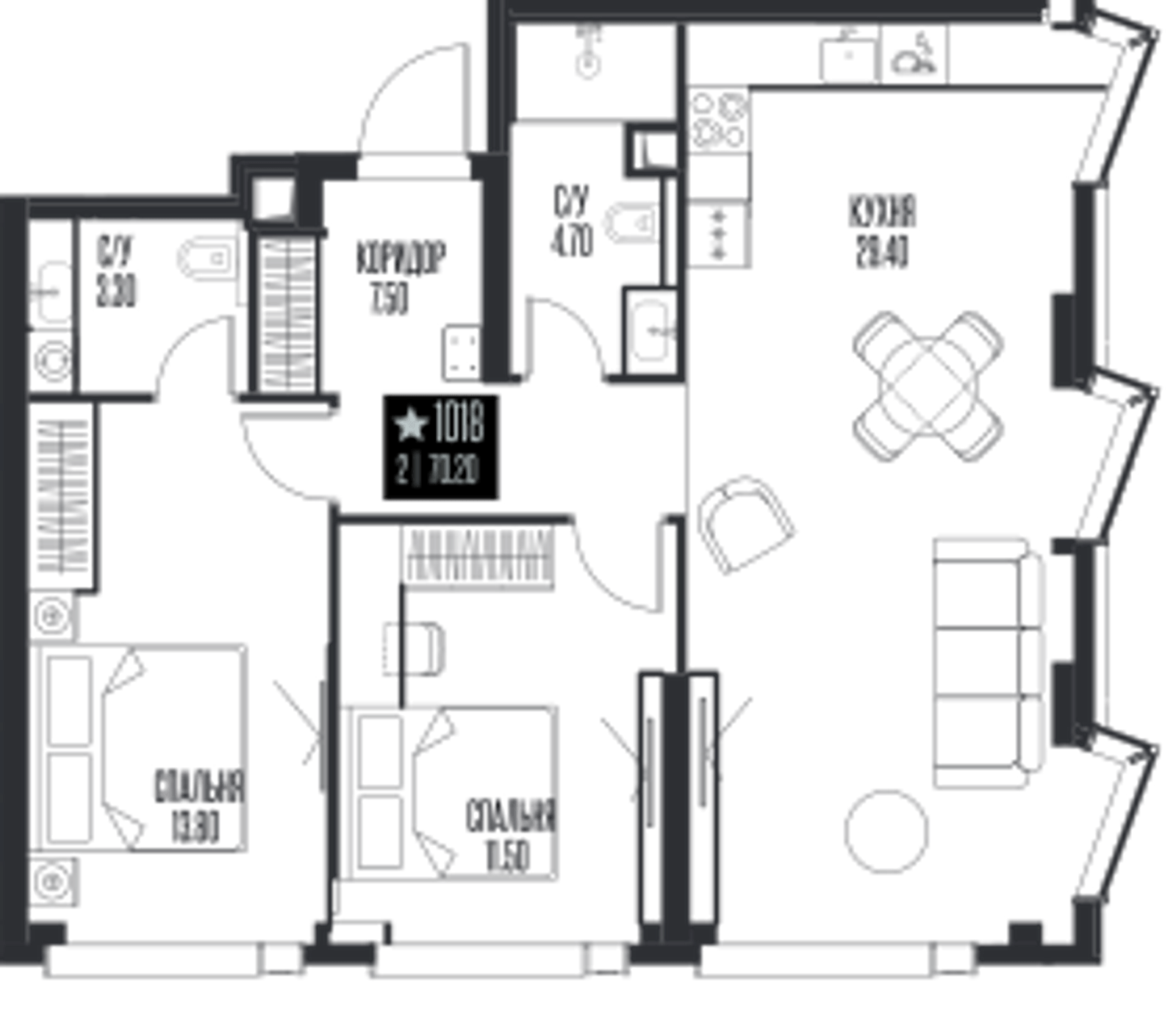 Планировка: 2-комнатная, 70,2 м²