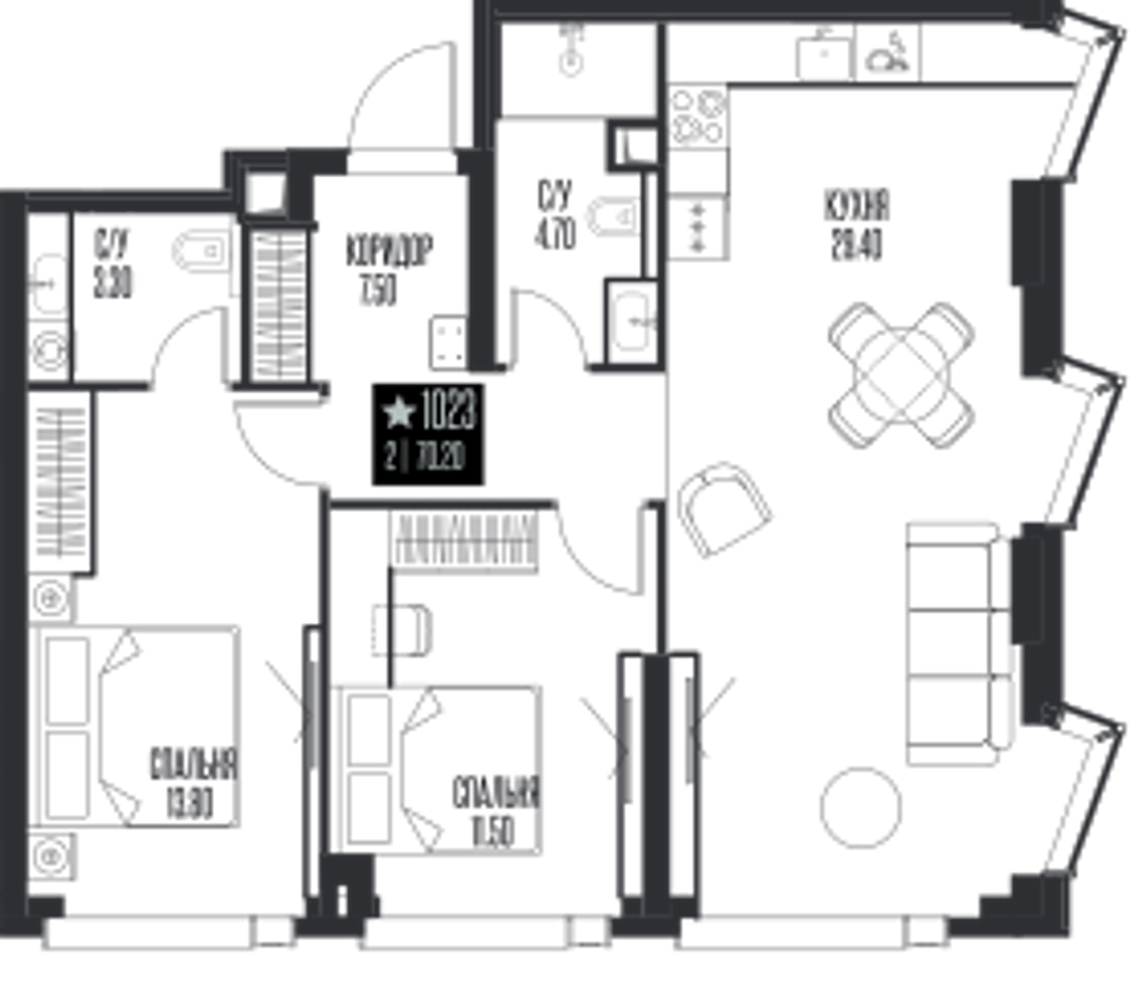 Планировка: 2-комнатная, 70,2 м²