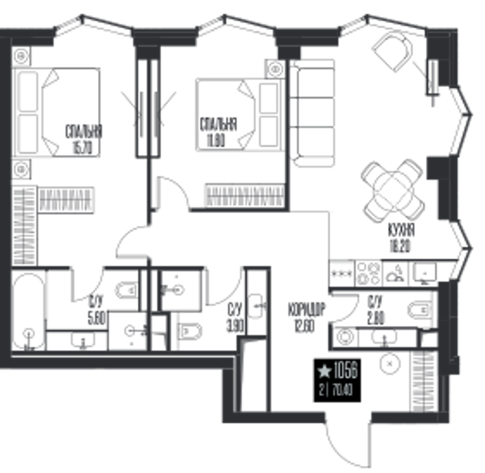 Планировка: 2-комнатная, 70,4 м²