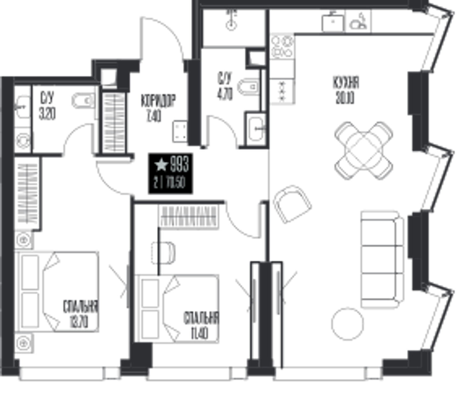 Планировка: 2-комнатная, 70,5 м²