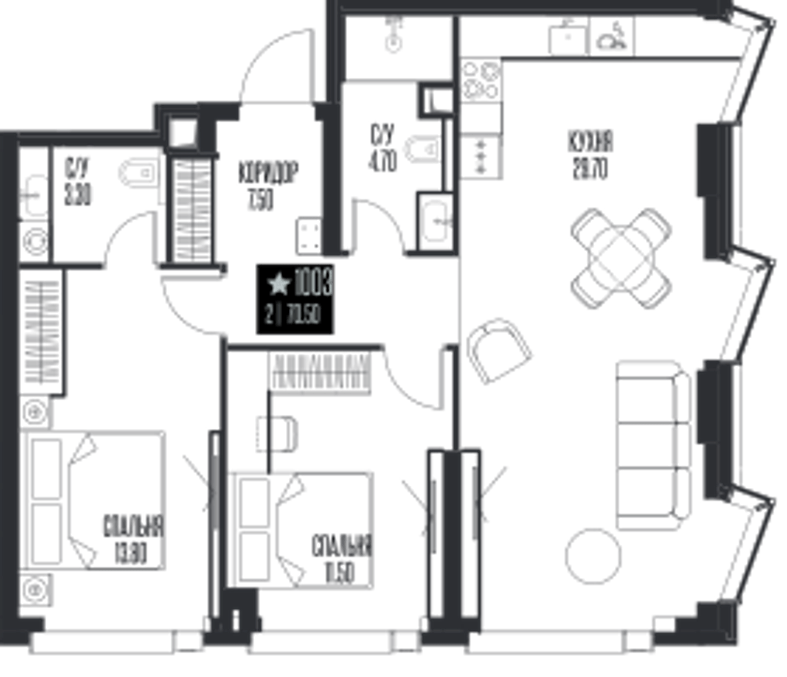 Планировка: 2-комнатная, 70,5 м²